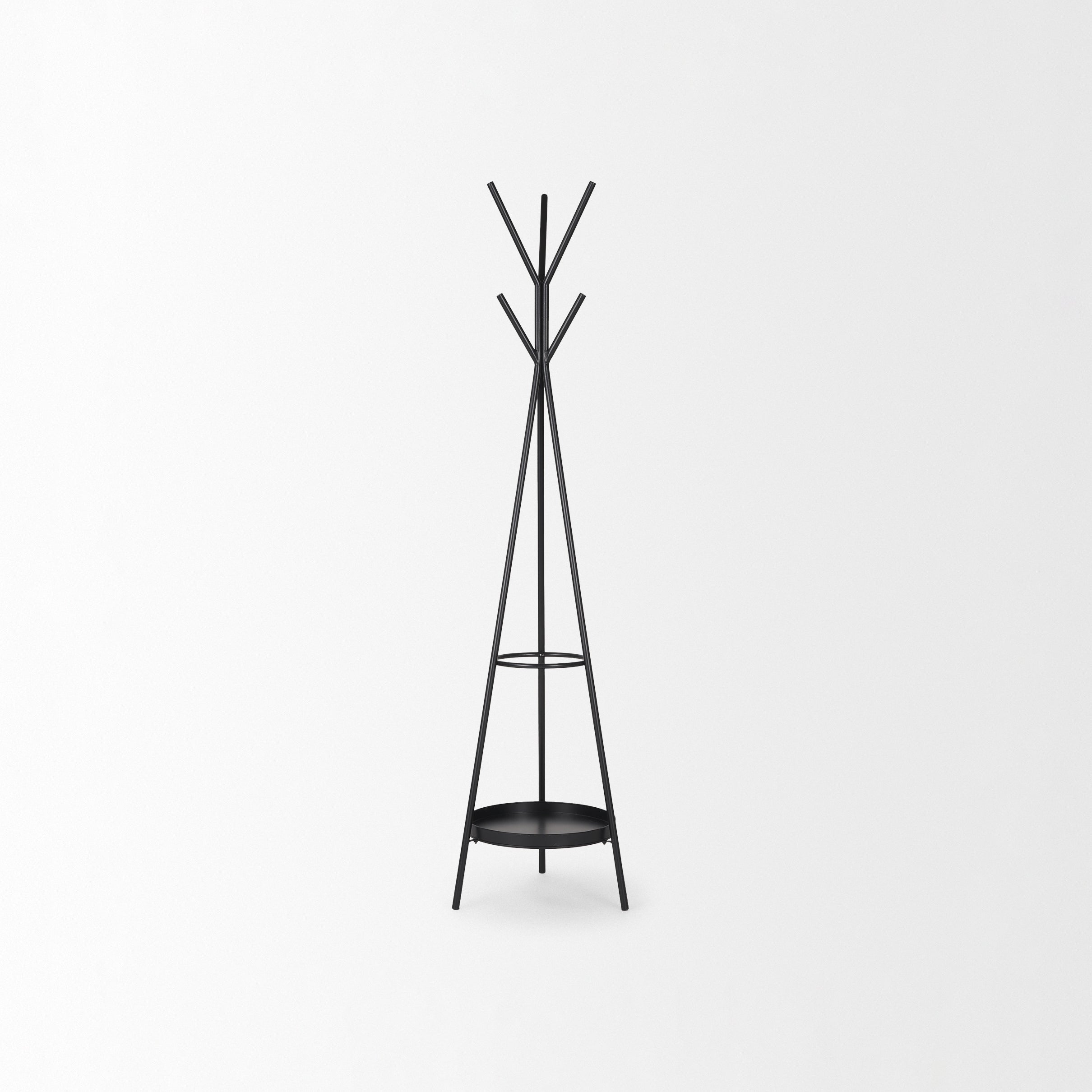 Everett Matte Black Metal with Two Metal Shelves Coat Rack on a white background