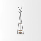 Everett Matte Black Metal with Two Wood Shelves Coat Rack on a white background