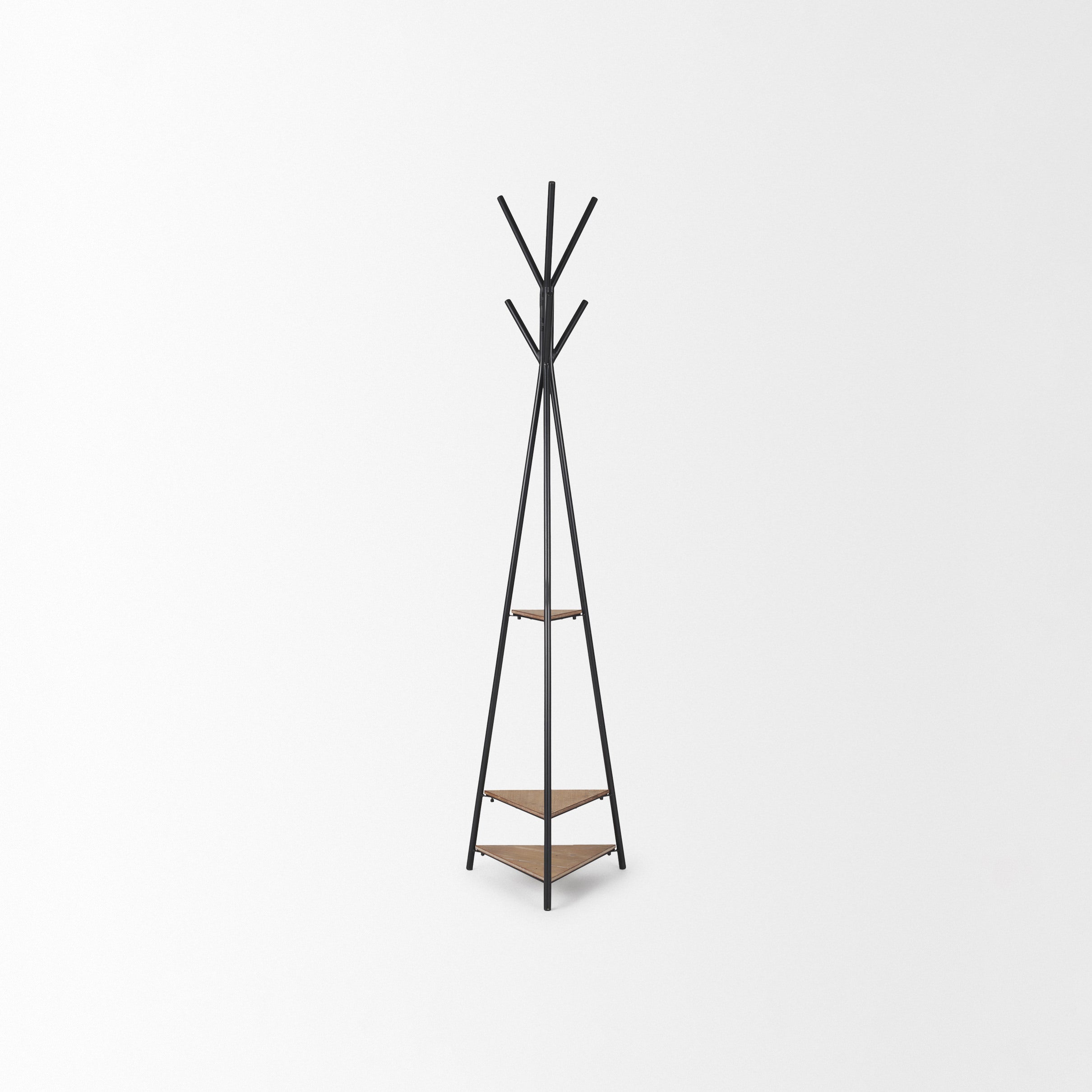 Everett Matte Black Metal with Two Wood Shelves Coat Rack on a white background