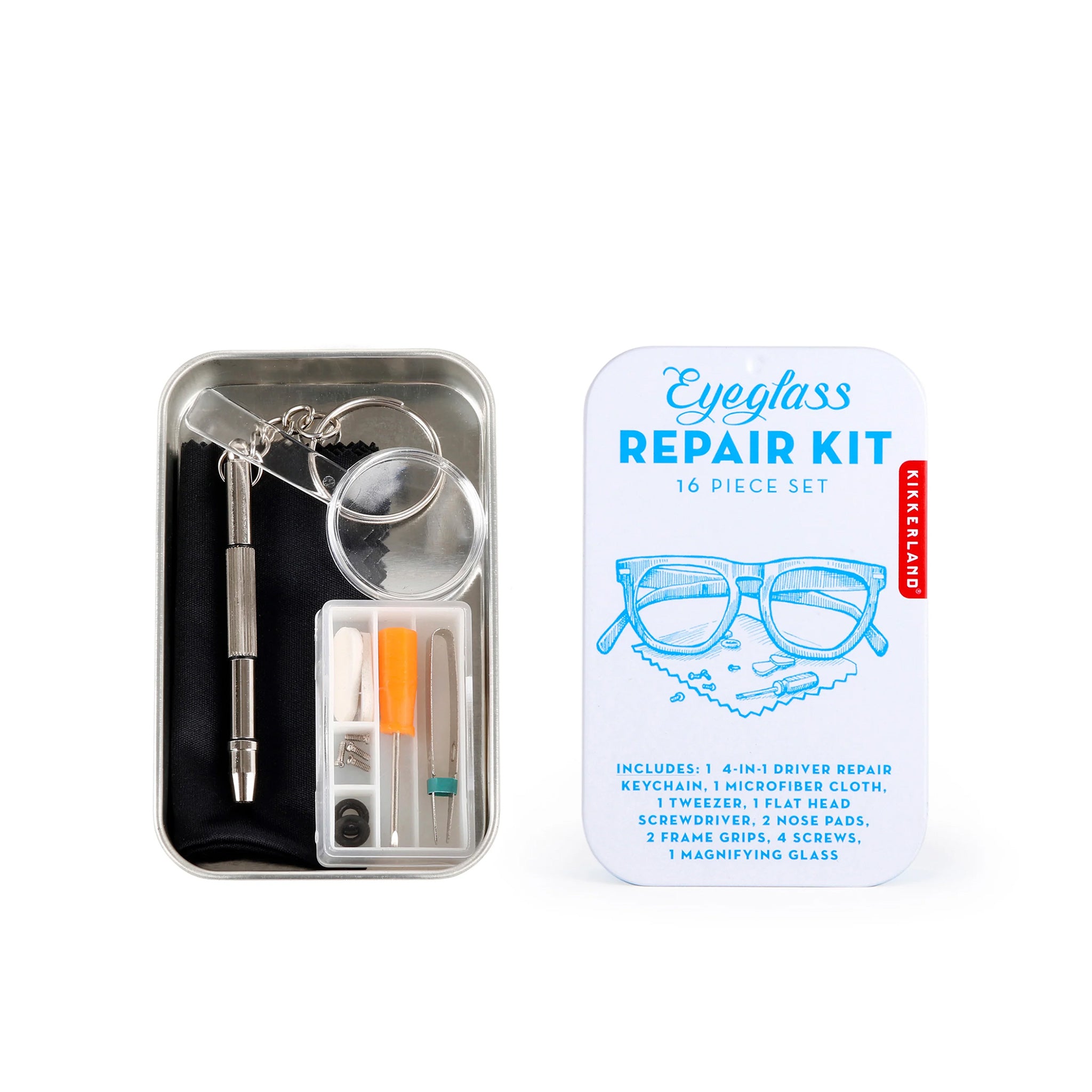 Eyeglass Repair Kit in metal tin on a white background