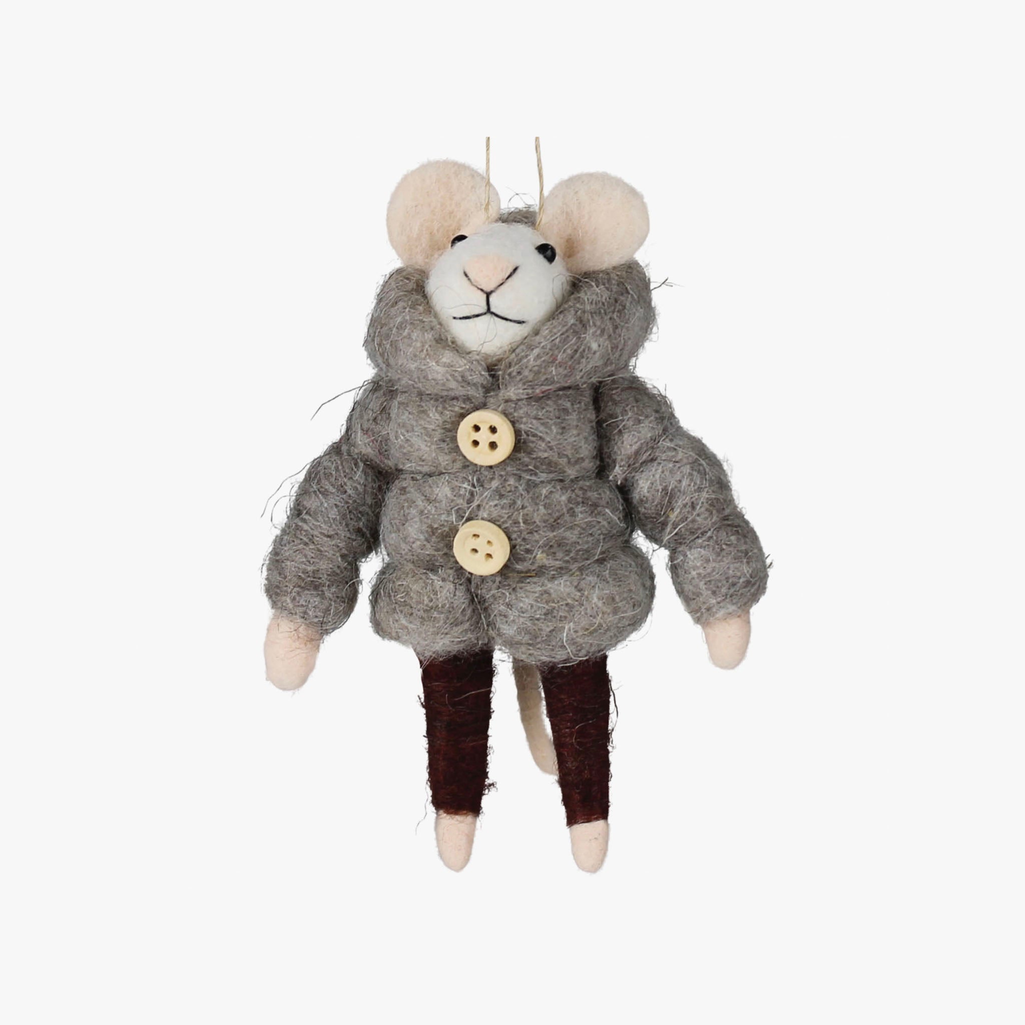 Felted Mouse Ornament in grey puffer jacket with wood buttons on a white background