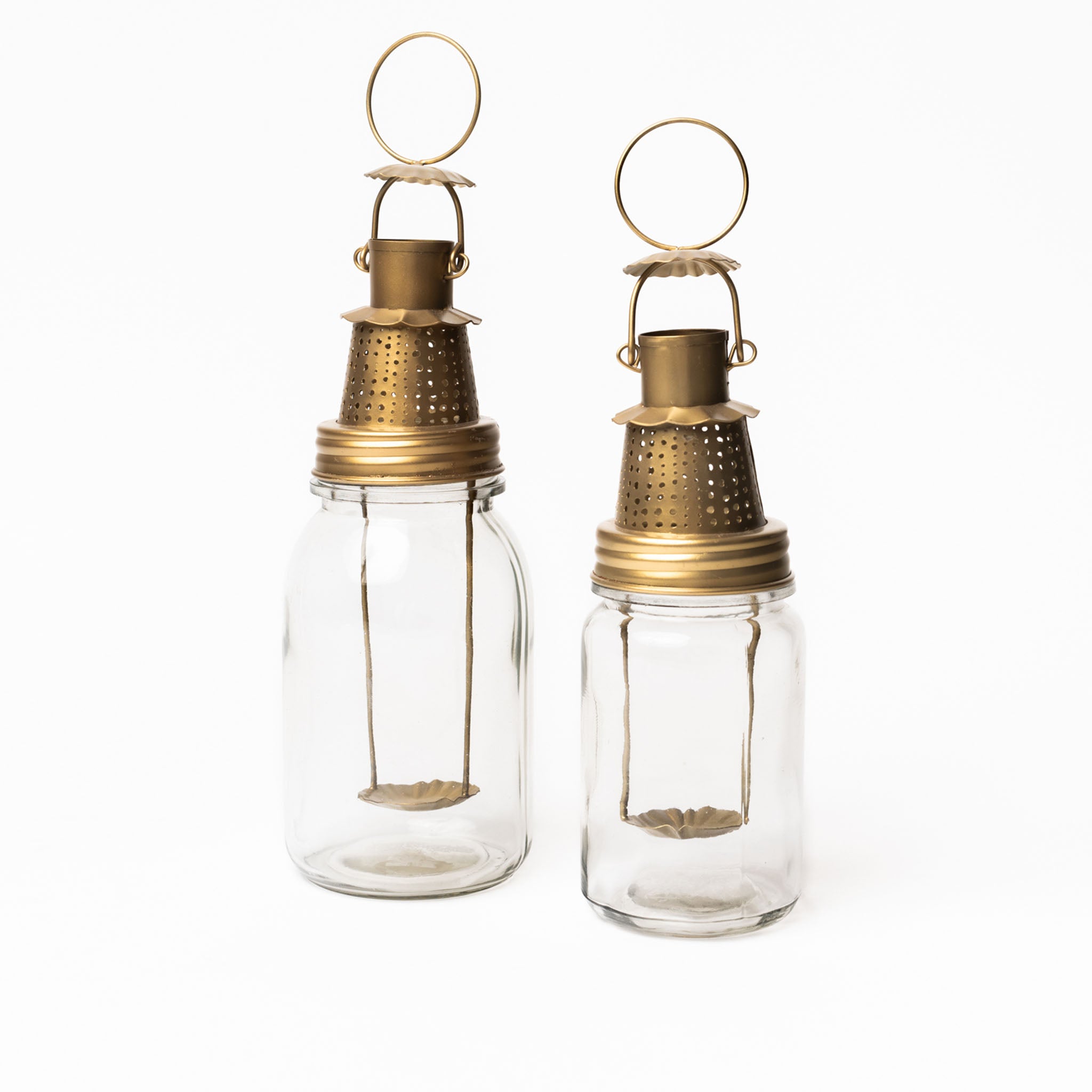 Fhia lantern in brass in two sizes on a white background