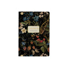 Notebook with muted floral and starwberry pattern on the front on a white background