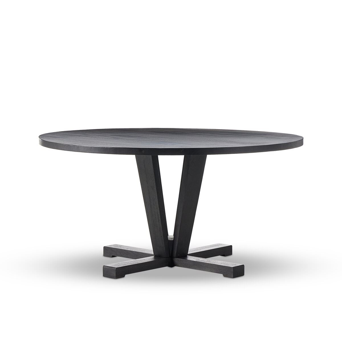 Four Hands black round 60 inch Cobain pedestal Dining Table that seats 8 on a white background