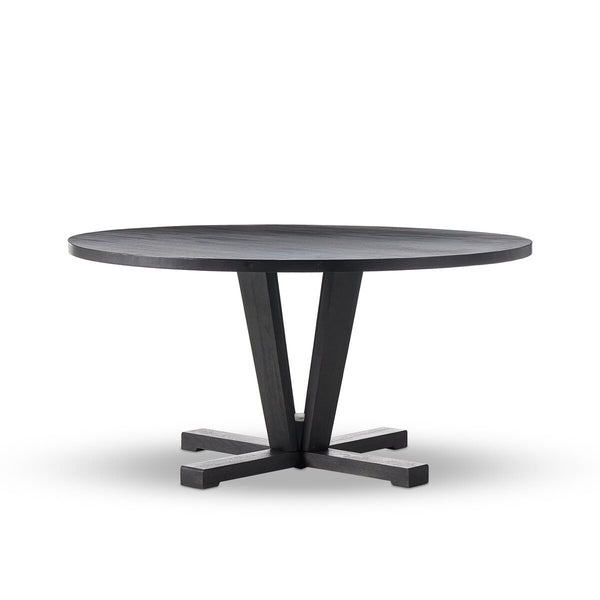 Four Hands black round 60 inch Cobain pedestal Dining Table that seats 8 on a white background