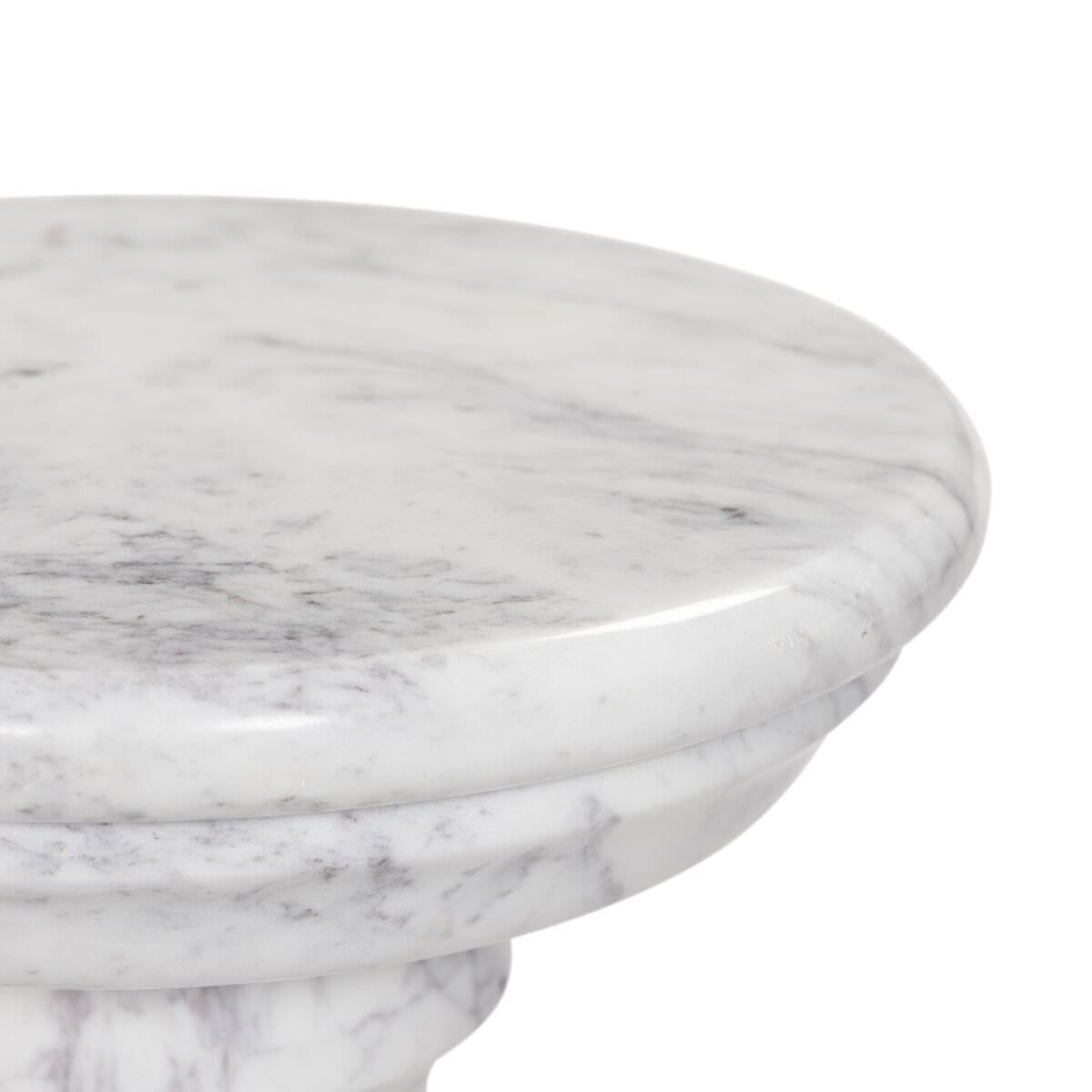 Close up of Four Hands Cyprus End Table in Veined White Marble Solid on a white background