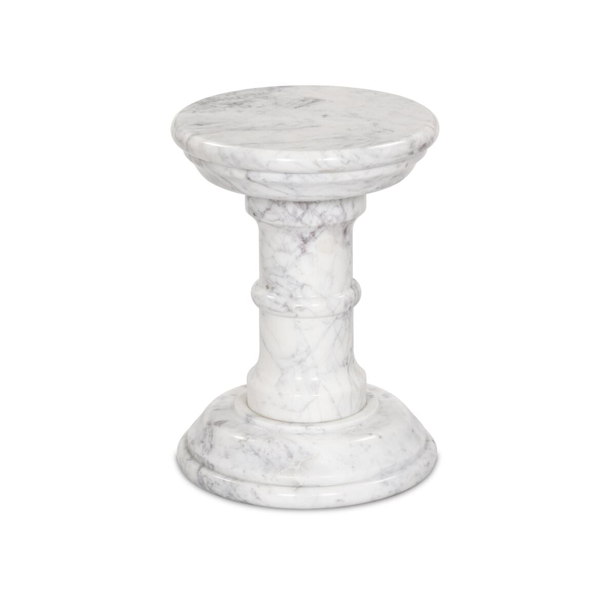 Four Hands Cyprus End Table in Veined White Marble Solid on a white background