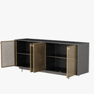 Four Hands Hendrick Sideboard with four perforated brass doors and gunmetal exterior on a white background