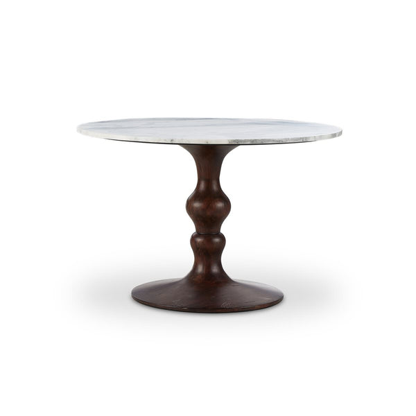 Four Hands Kestrel 48" Round Dining Table in Dark Brown with White Marble on a white background