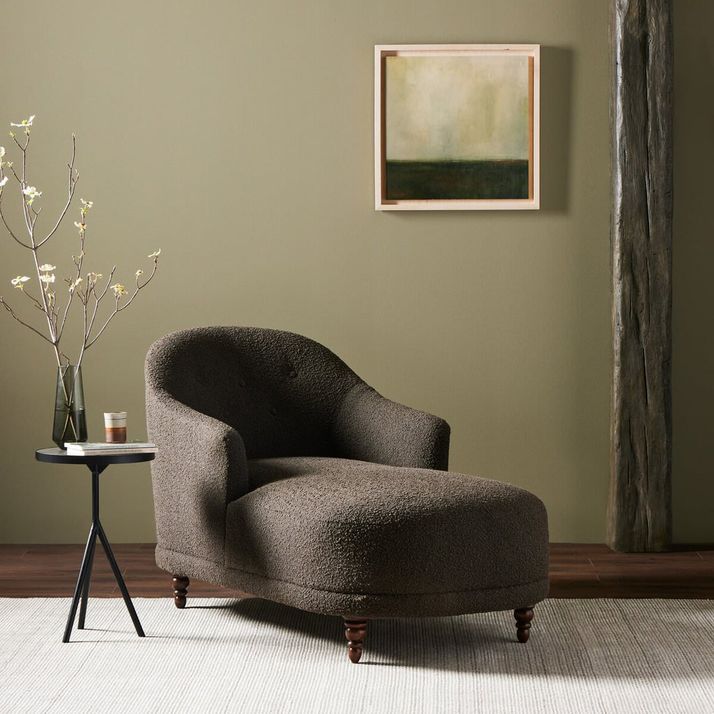 Four Hands Marnie Chaise Lounge in Knoll Mink in a modern living room with green walls