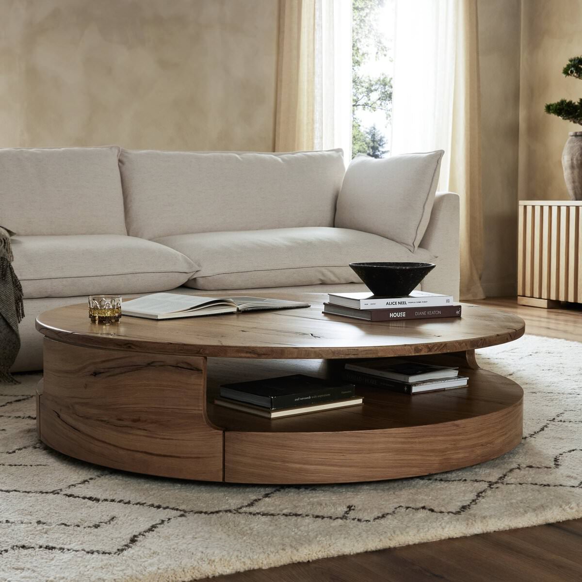 Four Hands Matheus Coffee Table in Natural Reclaimed French Oak in a modern living room