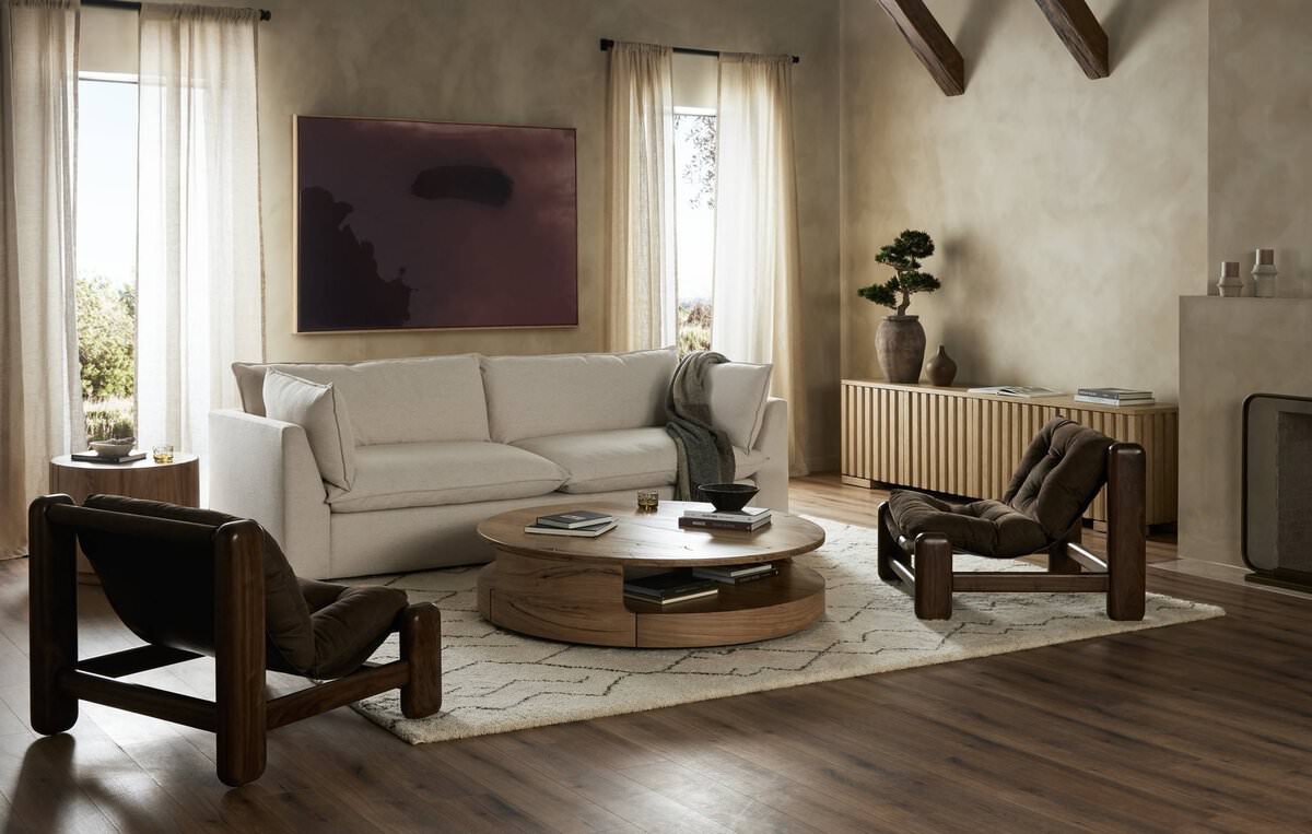 Four Hands Matheus Coffee Table in Natural Reclaimed French Oak in a modern living room