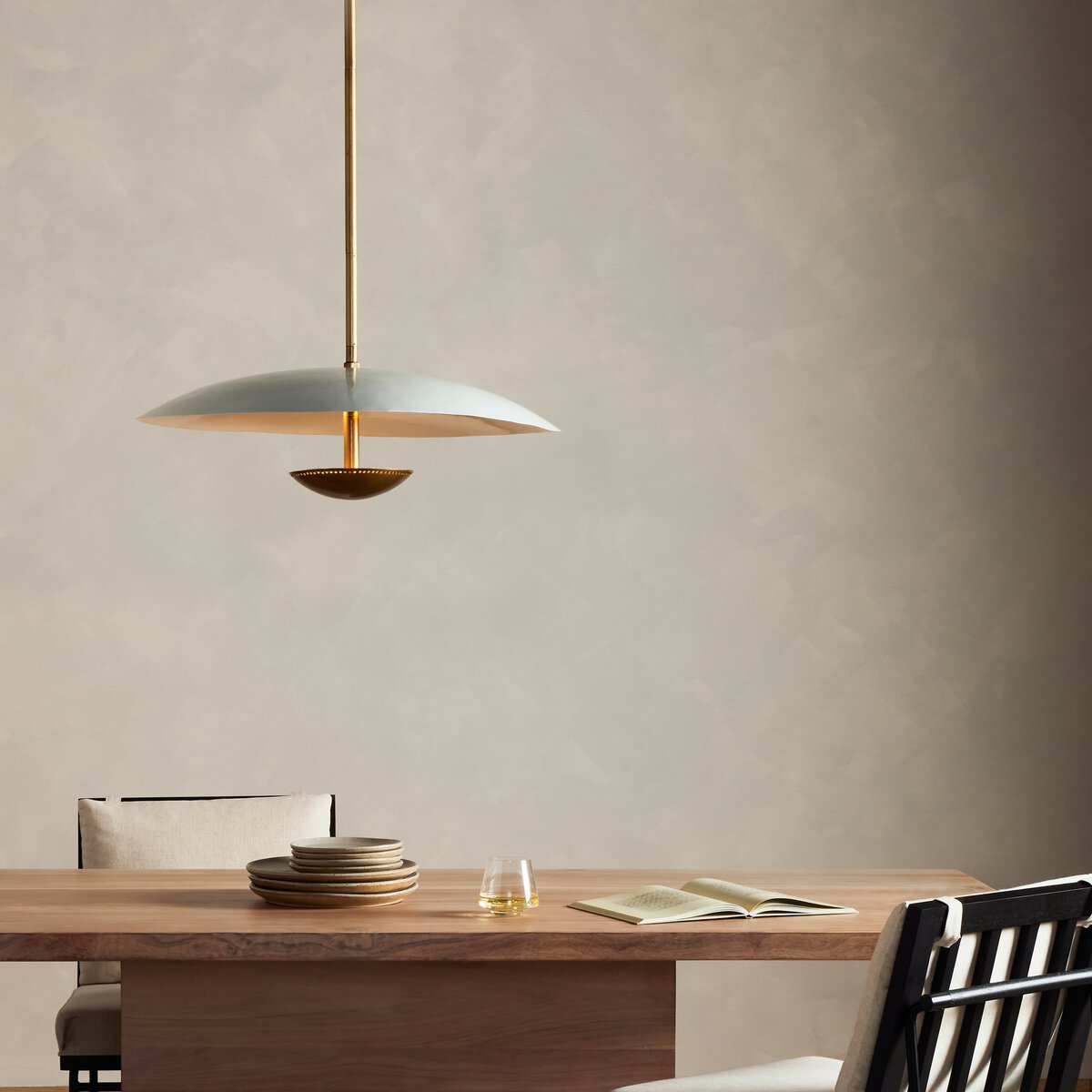 Four Hands Oren Pendant in Cream in a modern neutral dining room