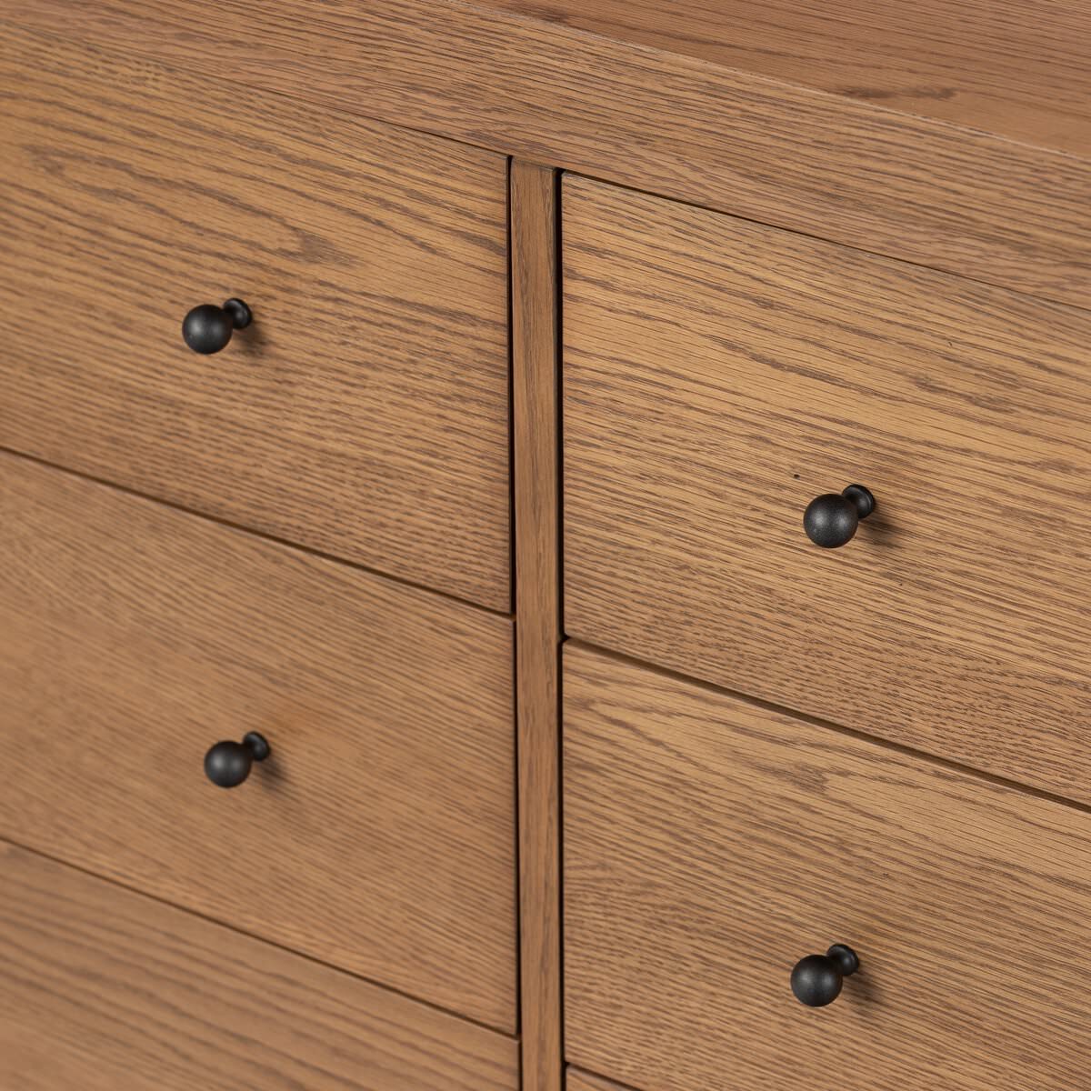 Close up of Four Hands Roark 6 Drawer Dresser in Amber Oak Veneer 