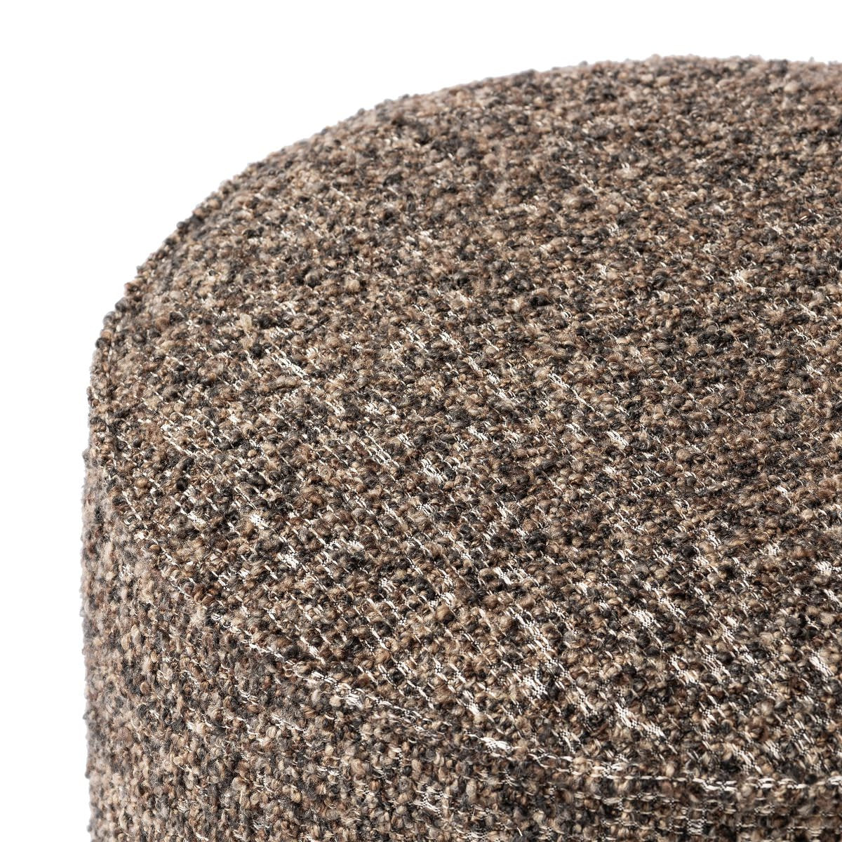 Close up of Four Hands Sinclair Round Ottoman in Ivan Granite on a white background