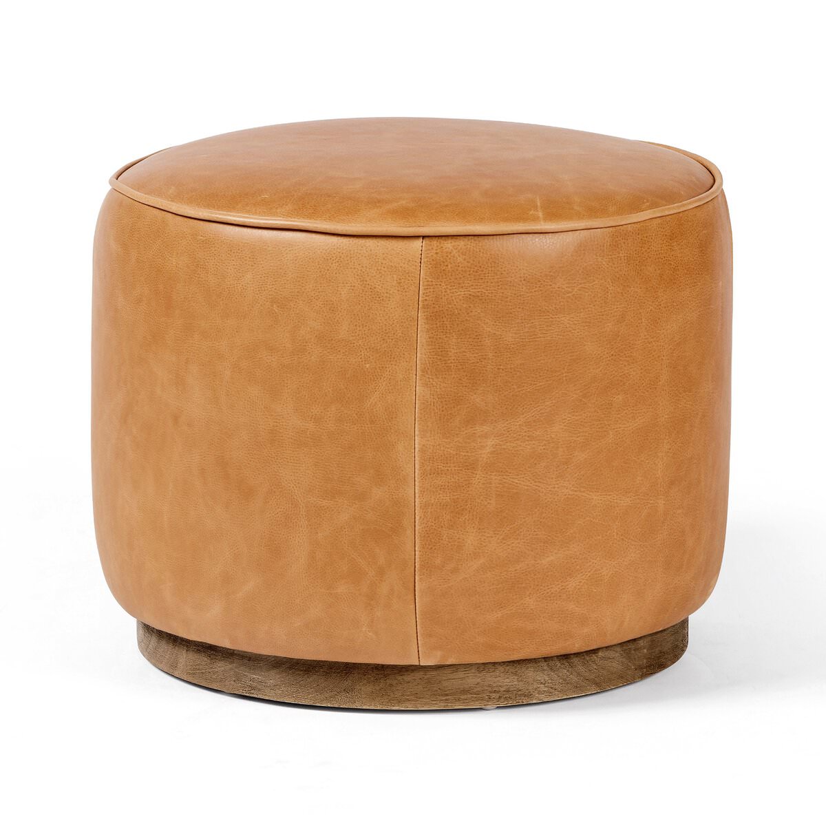 Four Hands Sinclair Round Ottoman in Palermo Butterscotch leather with wood base on a white background