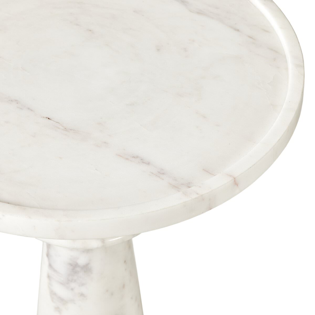 Close up of Four Hands Skylar End Table in Polished White Marble on a white background