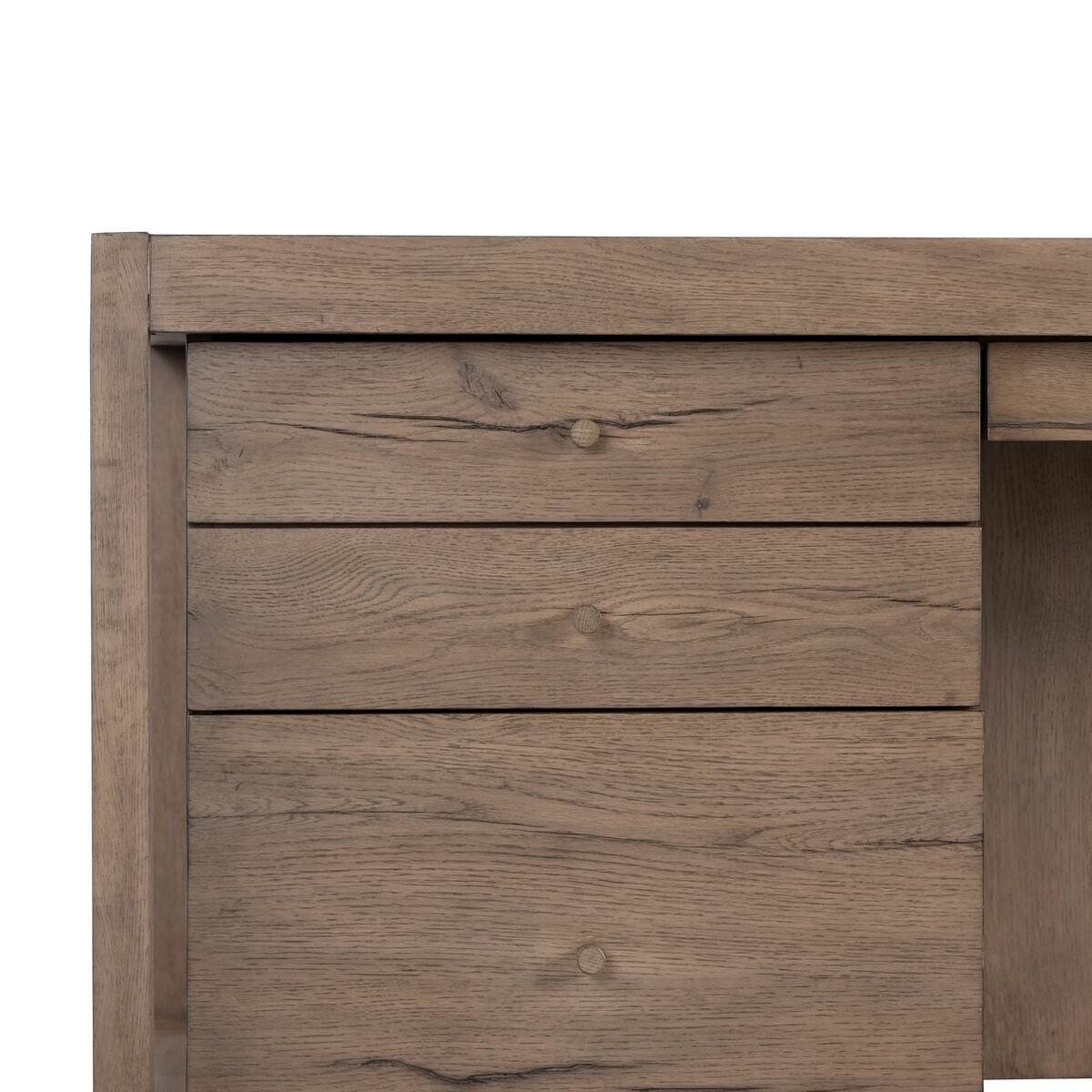 Close up of Four Hands Suspension Desk in Rustic Grey Veneer on a white background