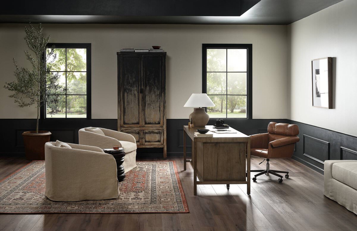 Four Hands Suspension Desk in Rustic Grey Veneer in a modern neutral office