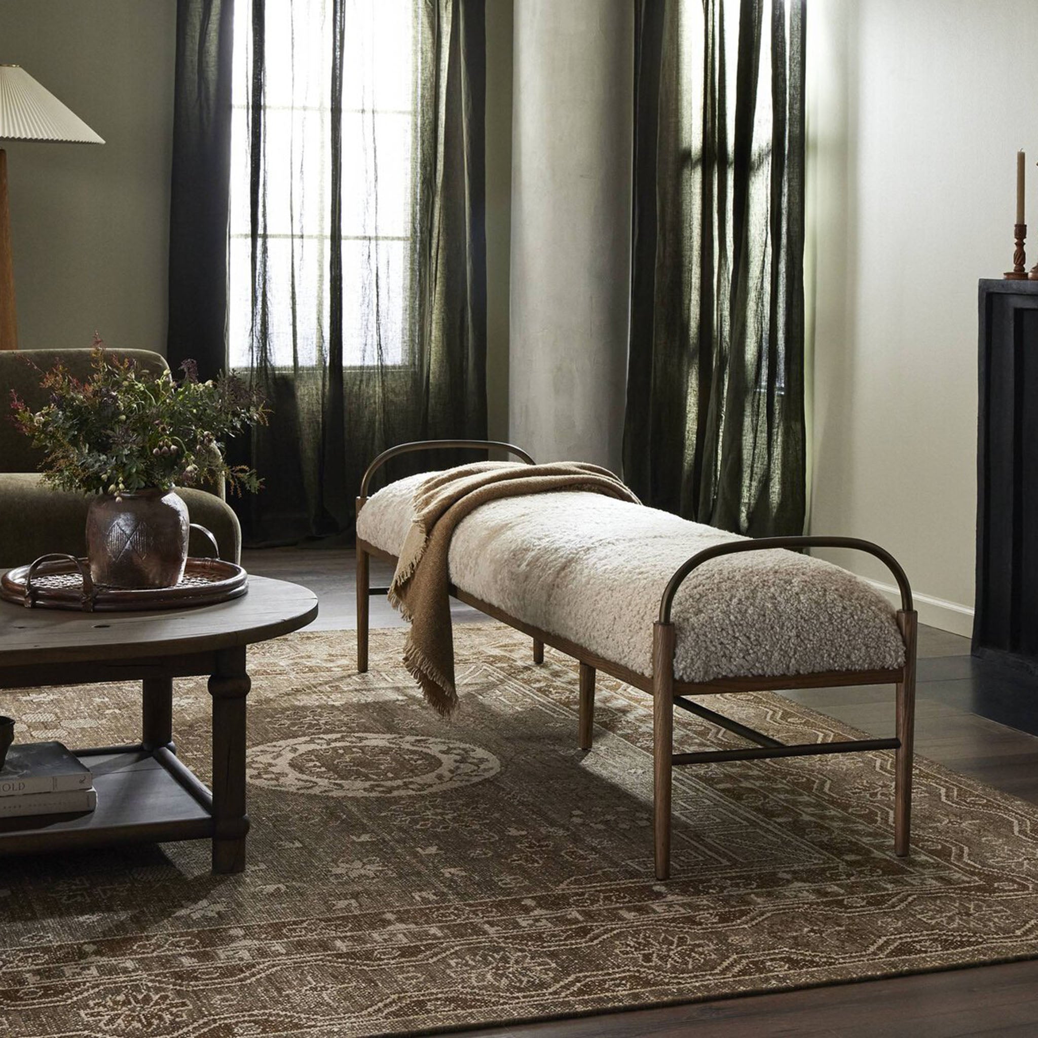 Four Hands + Amber Lewis Demi Accent Bench in Beige Shearling - Addison West 