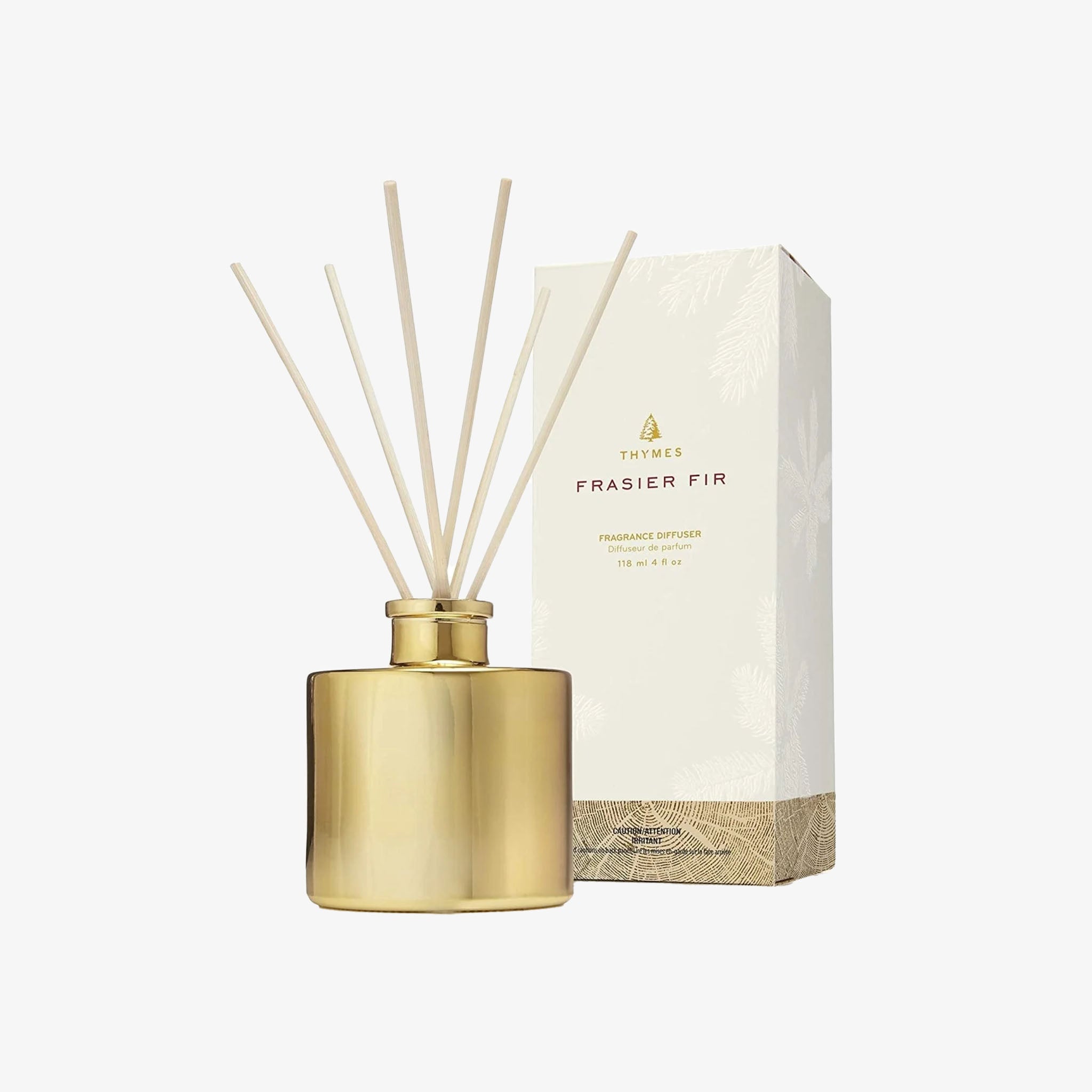 Thymes Frasier Fir Gilded Petite Gold Reed Diffuser on a white background