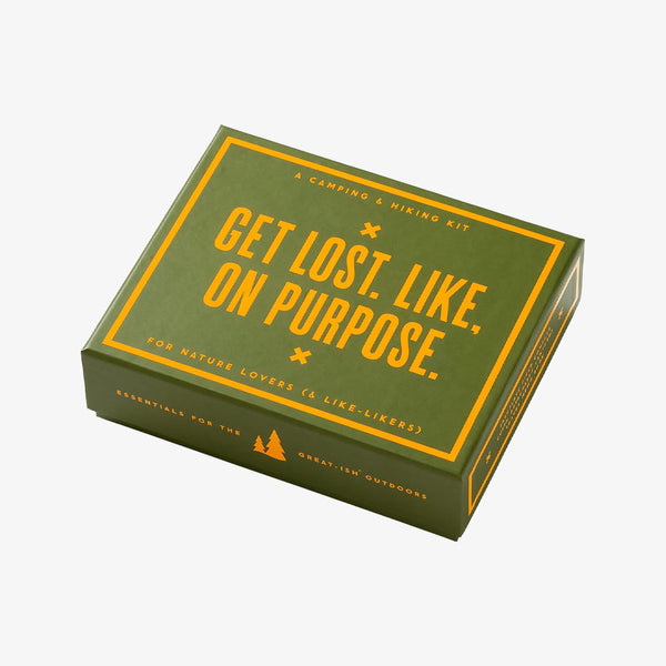Get Lost Camping Survival Kit green box with yellow lettering on a white background