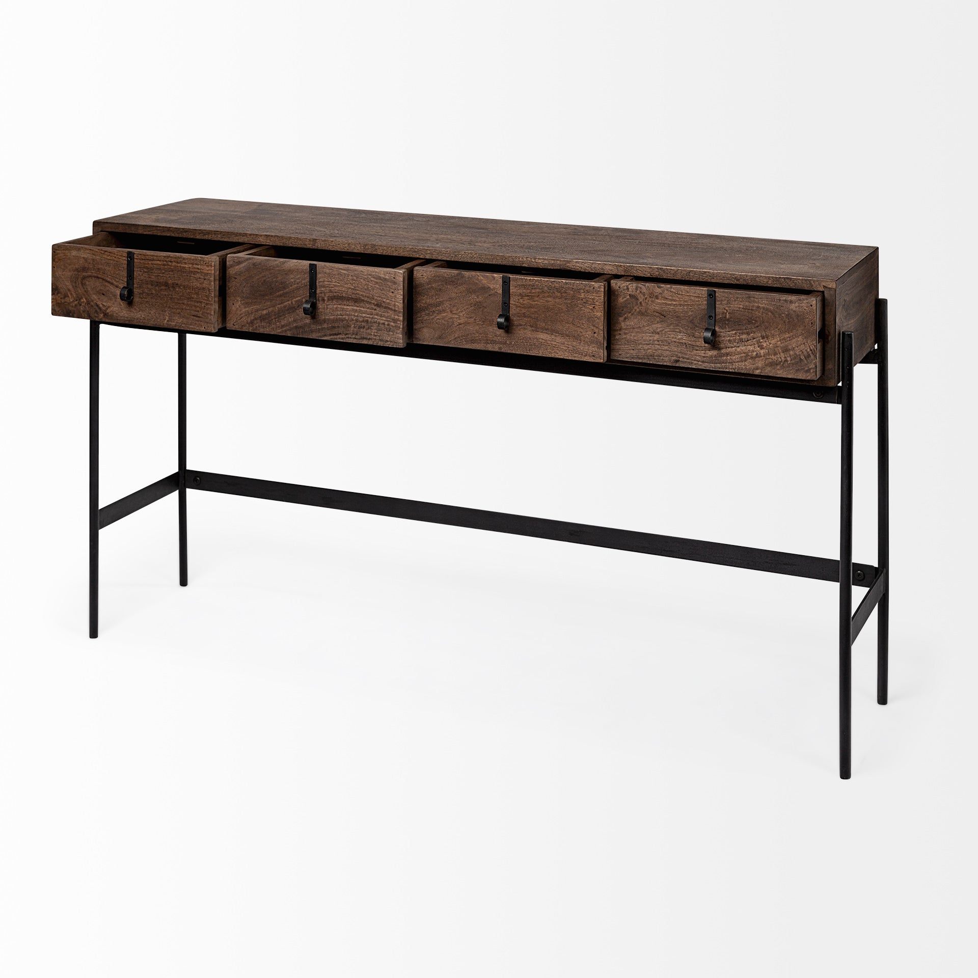 Glenn III 56L x 14W Dark Brown Wood w/ Black Iron Frame, 4 Drawer Console Table on a white background