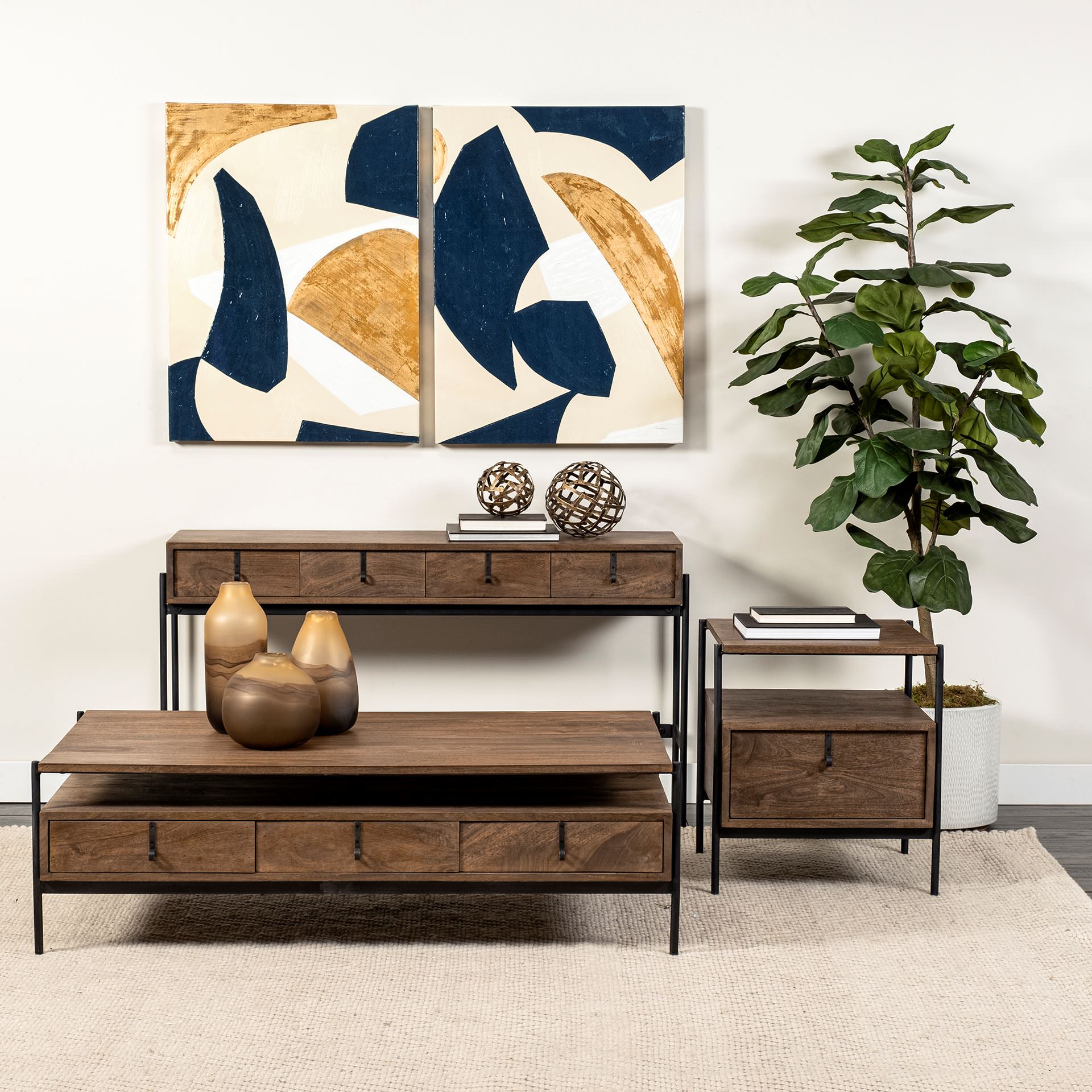 Glenn III 56L x 14W Dark Brown Wood w/ Black Iron Frame, 4 Drawer Console Table in a living room