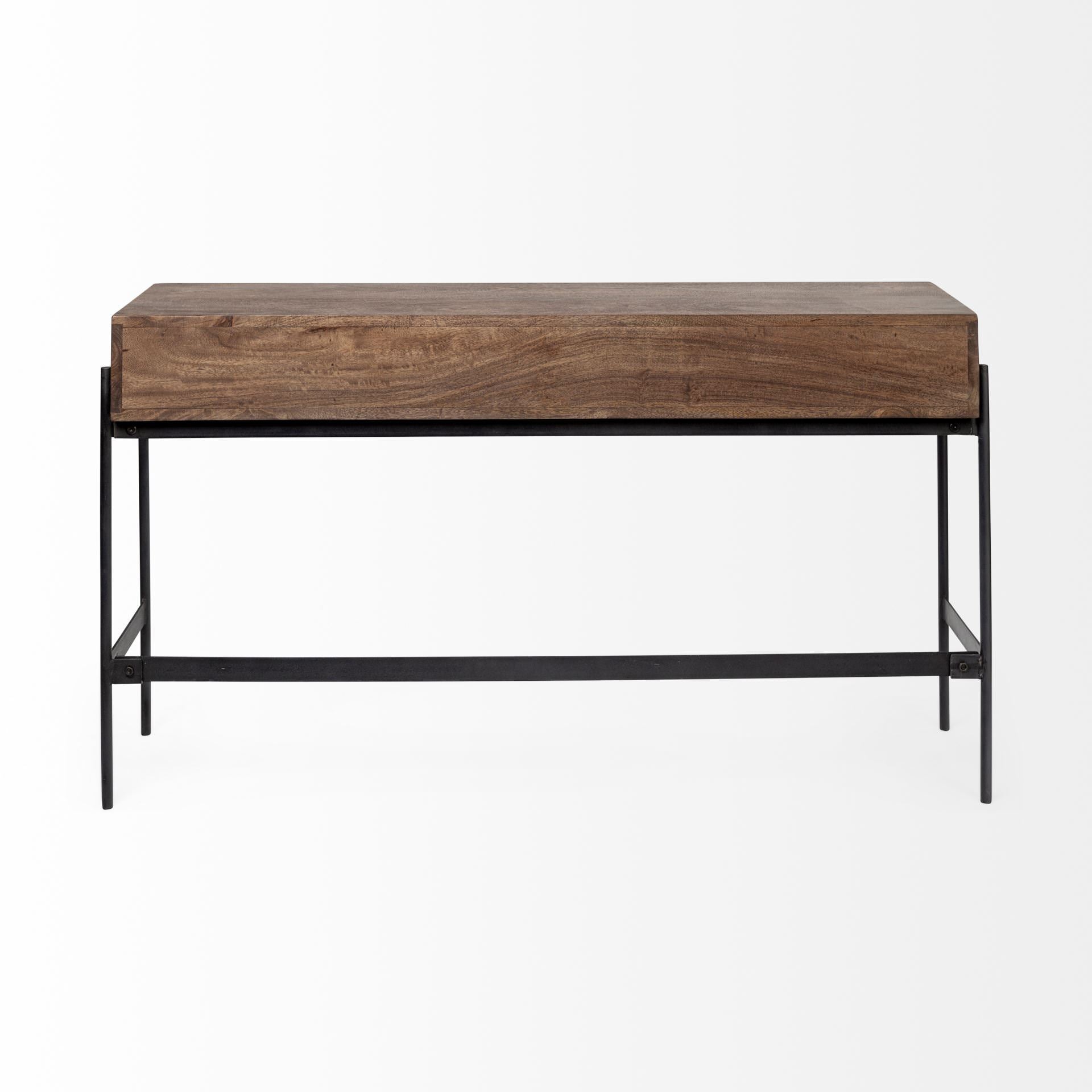 Glenn III 56L x 14W Dark Brown Wood w/ Black Iron Frame, 4 Drawer Console Table on a white background