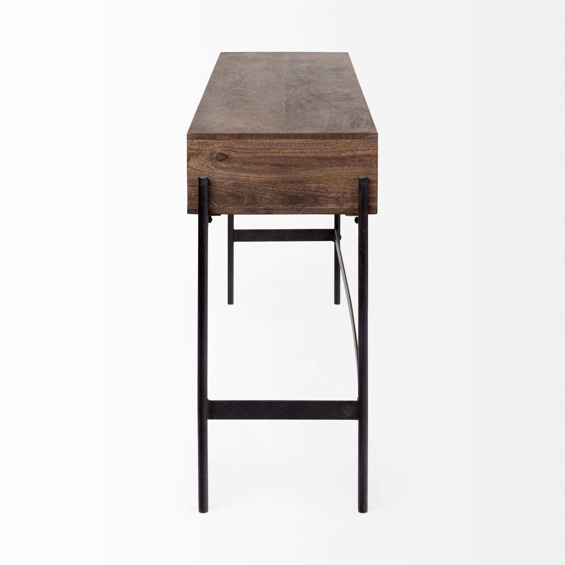 Glenn III 56L x 14W Dark Brown Wood w/ Black Iron Frame, 4 Drawer Console Table on a white background