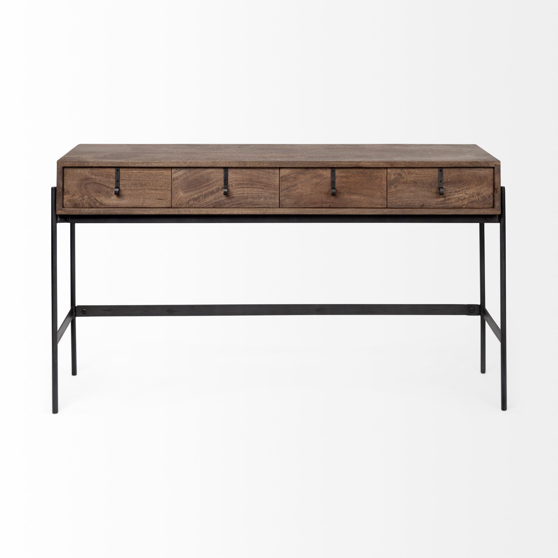 Glenn III 56L x 14W Dark Brown Wood w/ Black Iron Frame, 4 Drawer Console Table on a white background