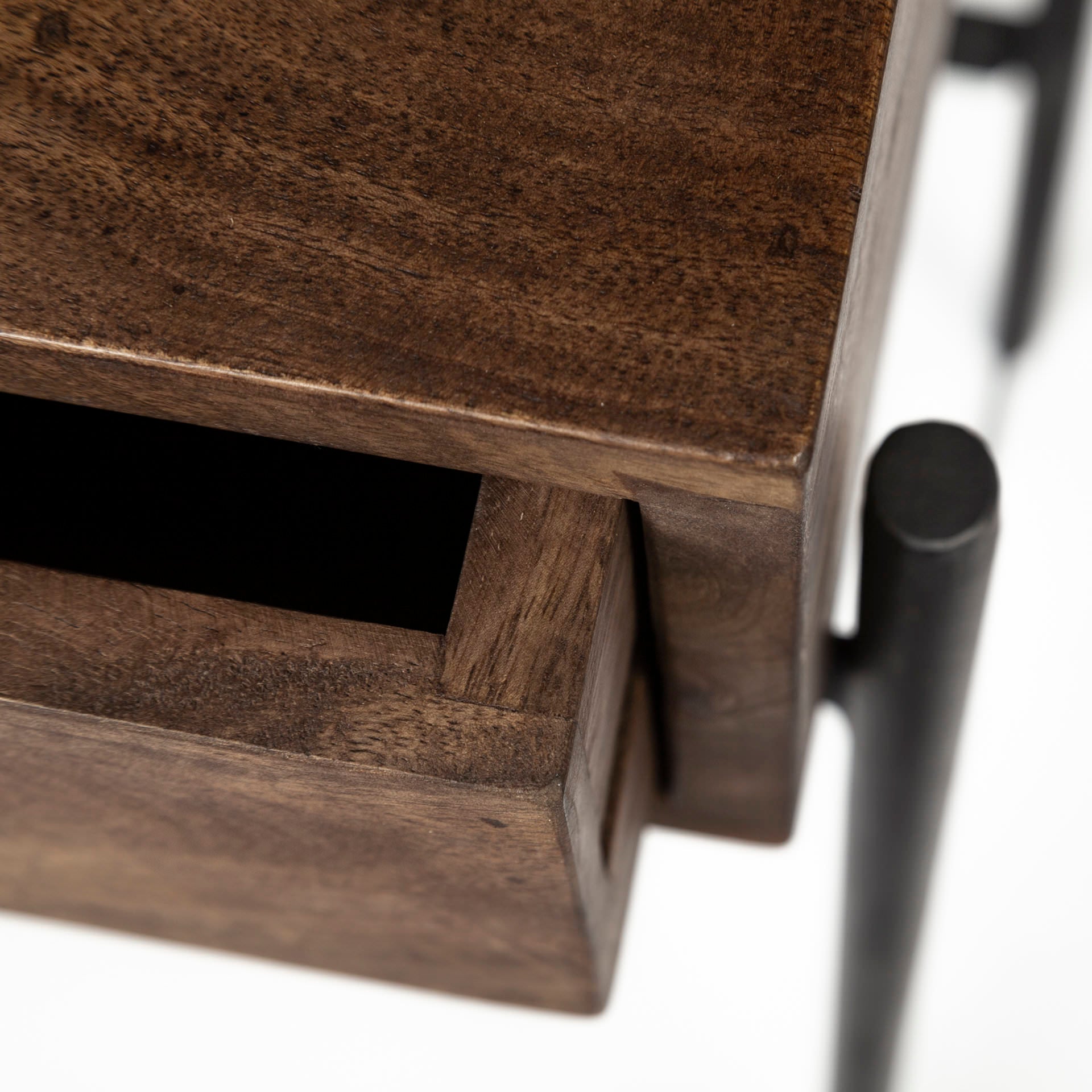 Close up of Glenn III 56L x 14W Dark Brown Wood w/ Black Iron Frame, 4 Drawer Console Table on a white background