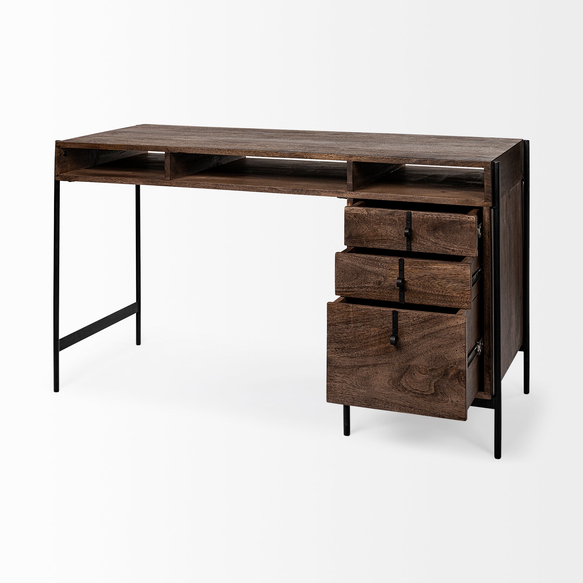 Glenn VII 56L x 22W Dark Brown Wood w/ Black Iron Frame, 3 Drawer Office Desk on a white background