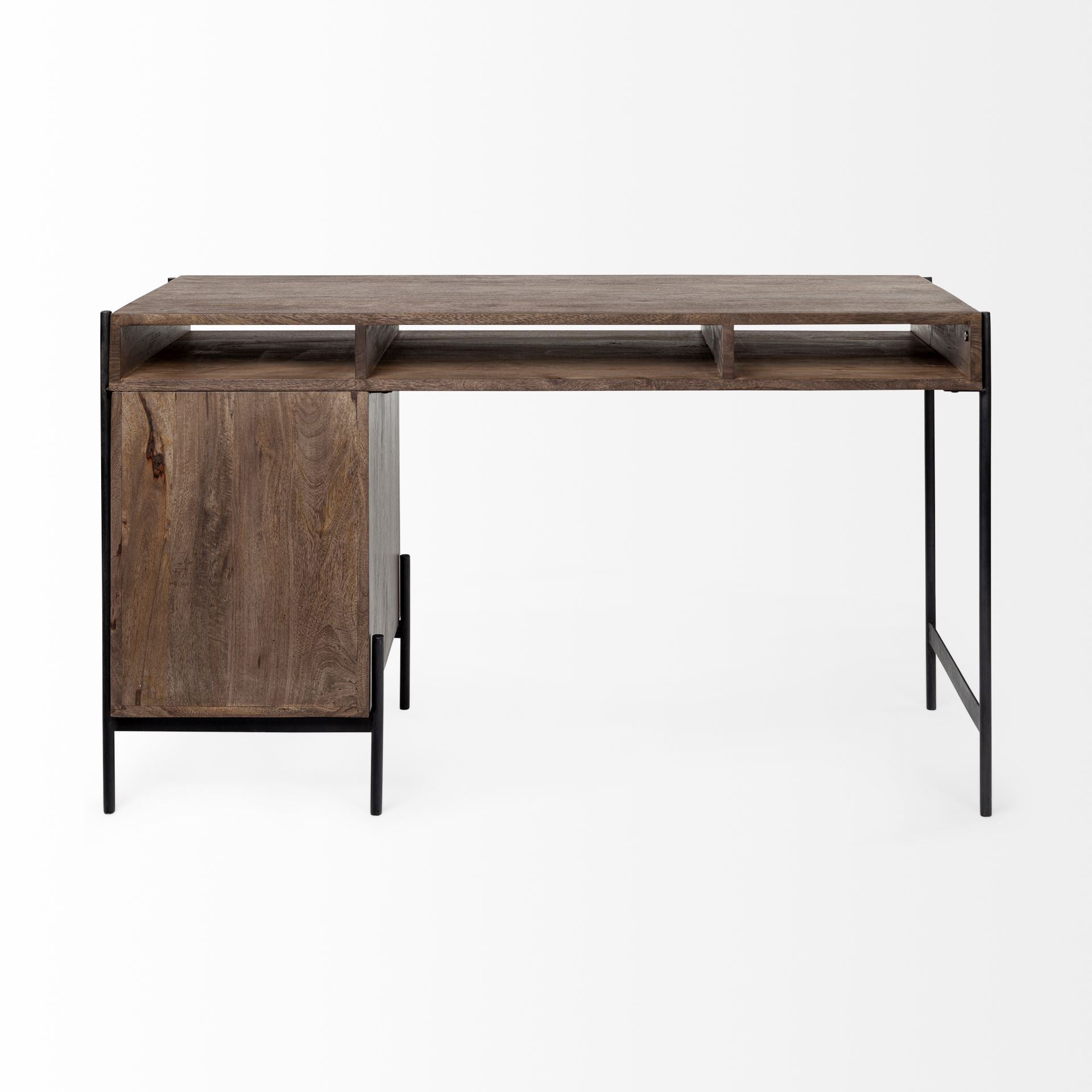 Glenn VII 56L x 22W Dark Brown Wood w/ Black Iron Frame, 3 Drawer Office Desk on a white background