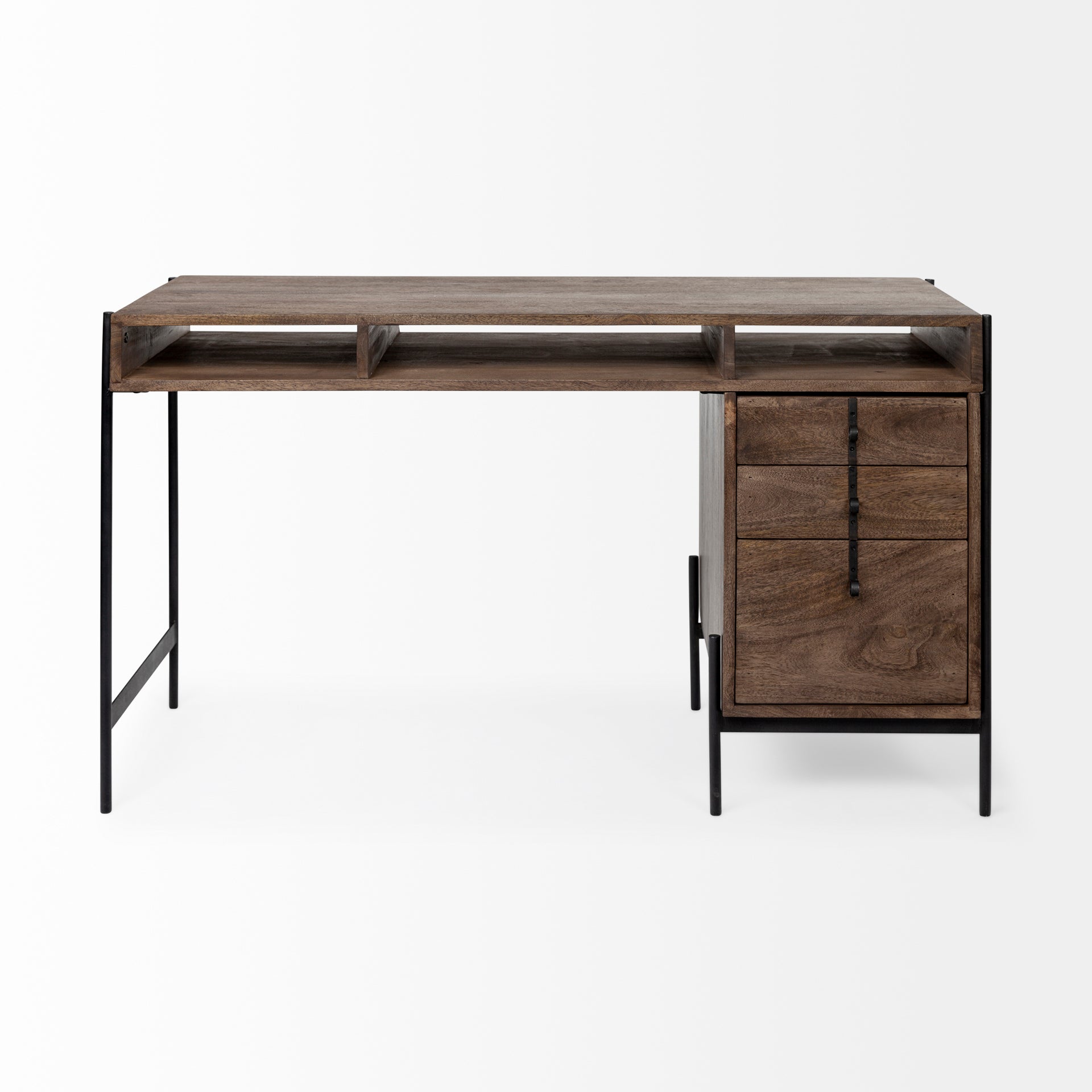 Glenn VII 56L x 22W Dark Brown Wood w/ Black Iron Frame, 3 Drawer Office Desk on a white background