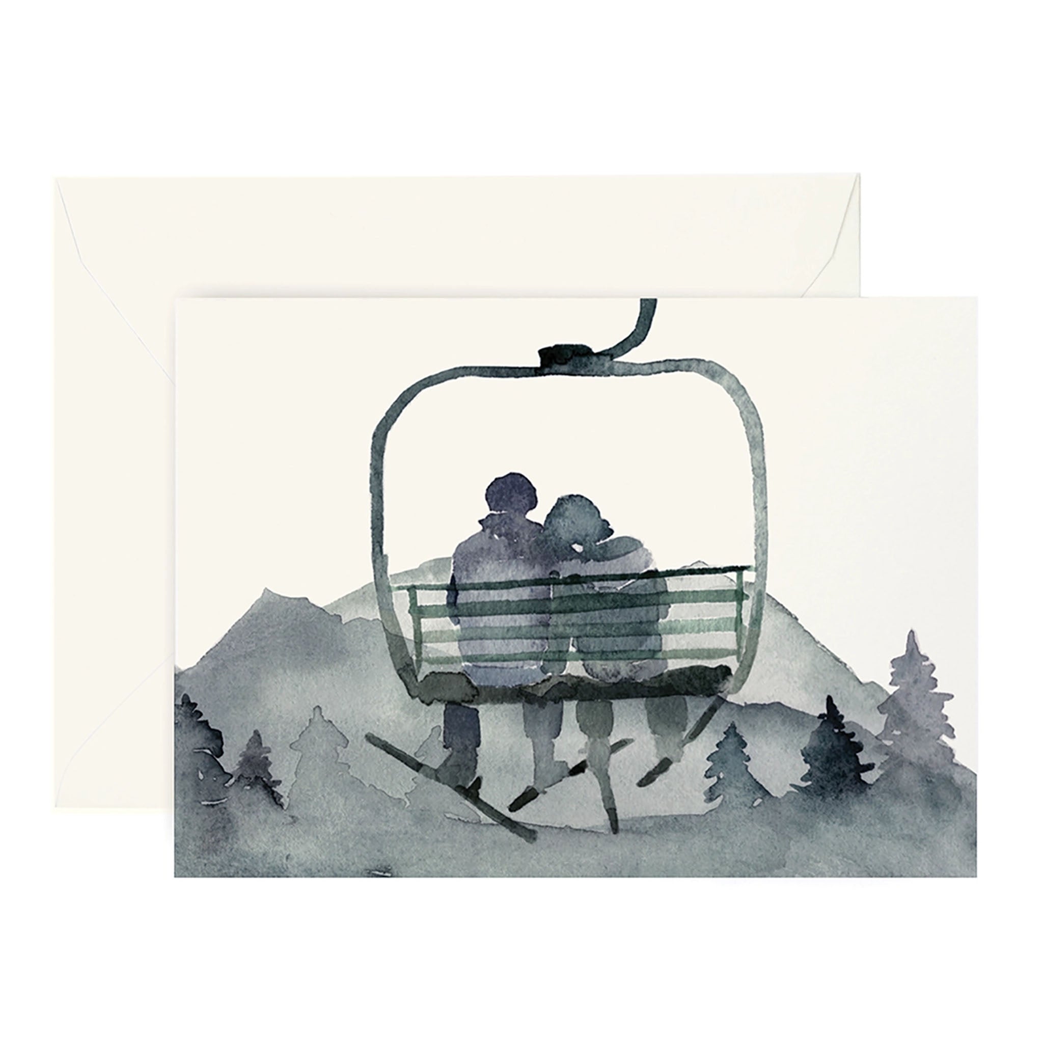 Hand painted greeting card with a couple on a chairlift in the winter 