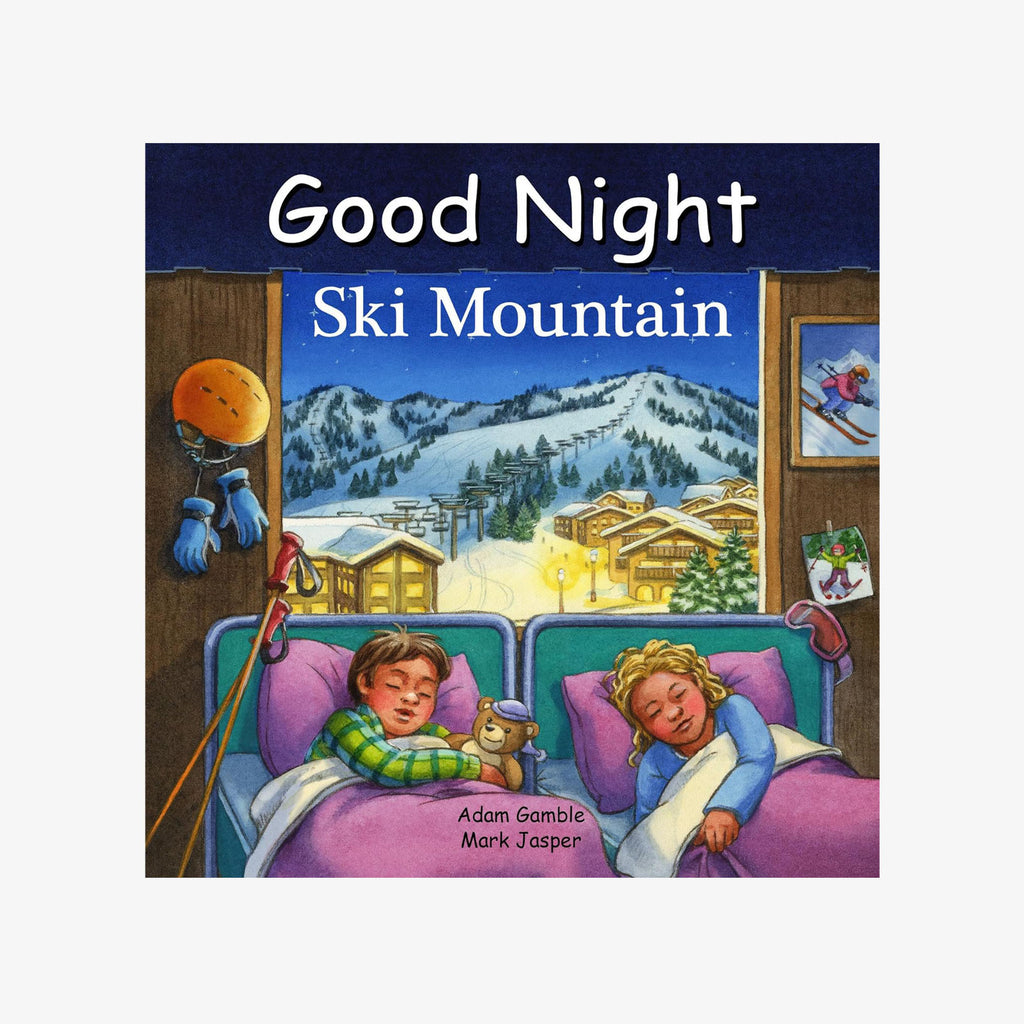 Front cover of children's book titled 'Good Night Ski Mountain' with two children sleeping by a window overlooking a mountain
