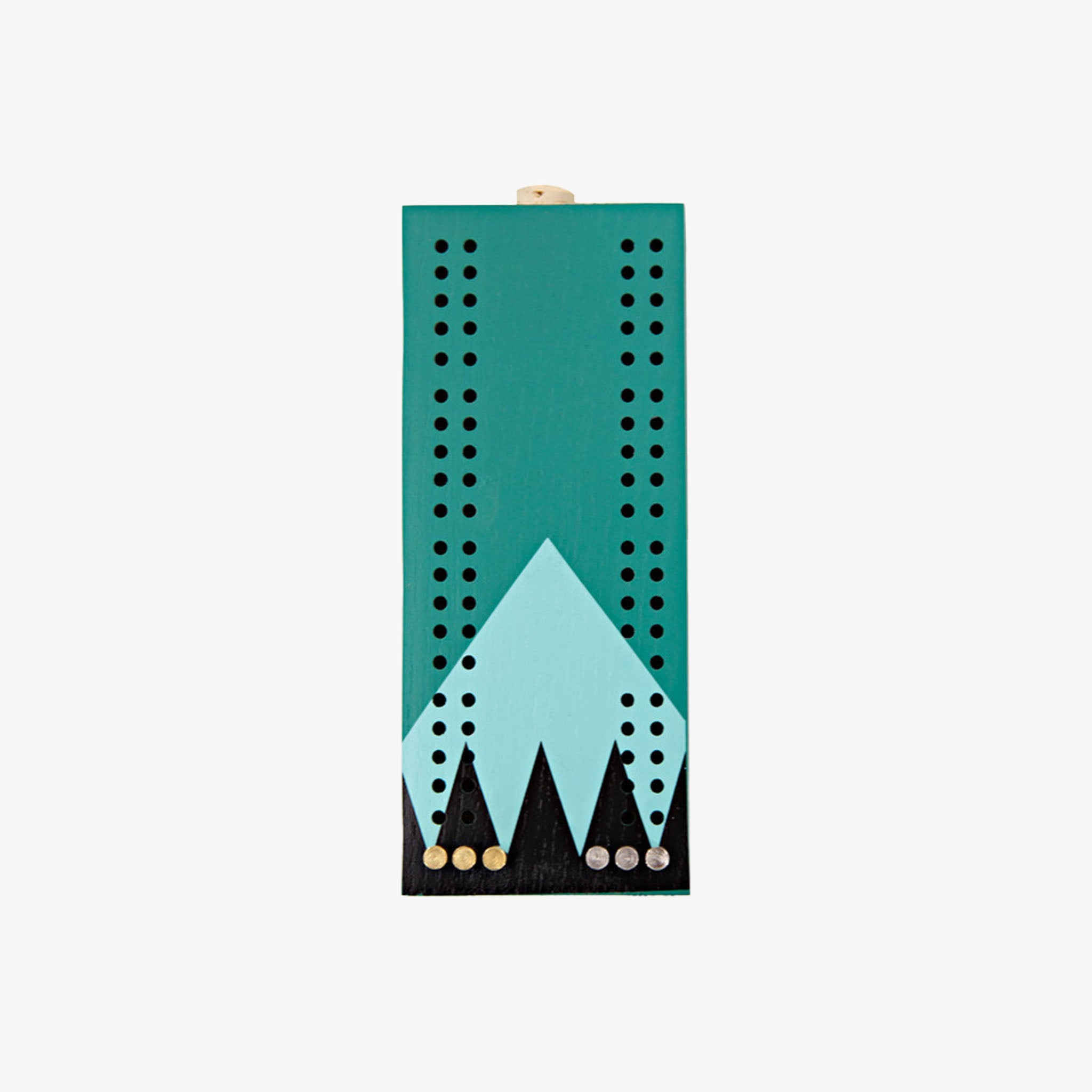 Sanborn Canoe Gooseberry Pocket Cribbage with blue background and black mountain range on a white background