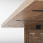 Close up of Grier 42" Square Light Brown Wood with Cane Coffee Table on a white background