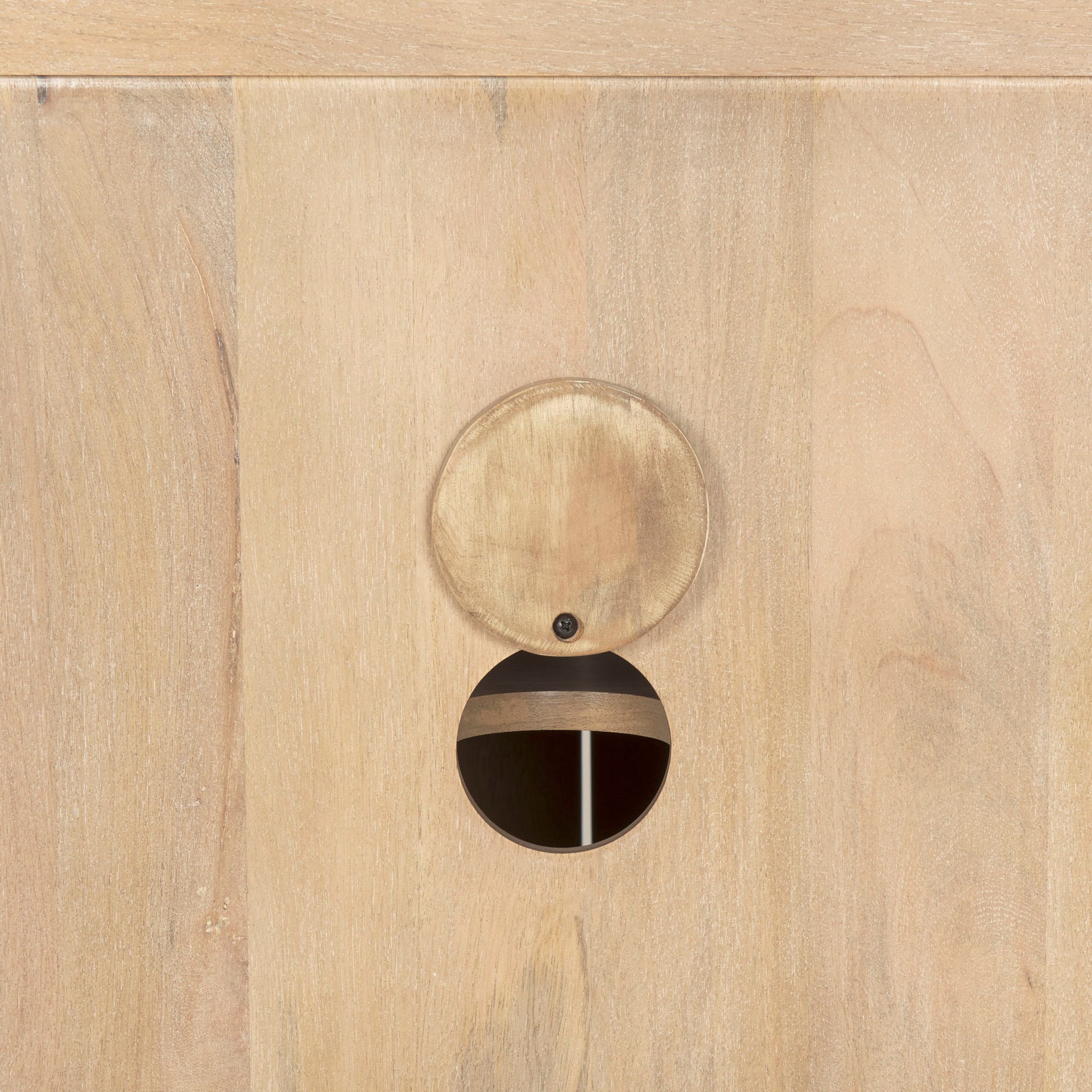 Close up of Grier Light Brown Solid Wood with Cane Sideboard on a white background