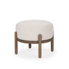 Mercana brand Gwynn Oatmeal Fabric with Dark Brown Wood Pouf on a white background