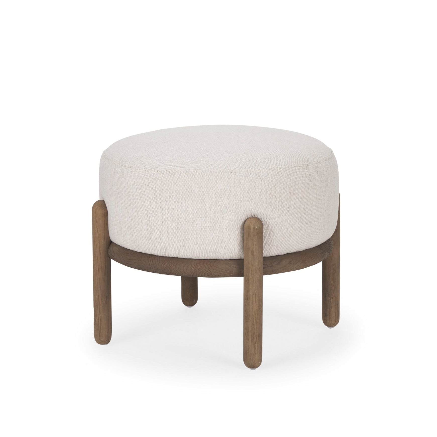 Mercana brand Gwynn Oatmeal Fabric with Dark Brown Wood Pouf on a white background