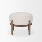 Gwynn Oatmeal Fabric with Dark Brown Wood Pouf on a white background