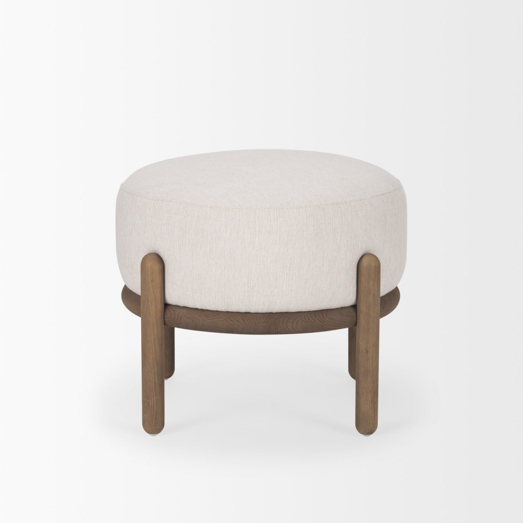 Gwynn Oatmeal Fabric with Dark Brown Wood Pouf on a white background