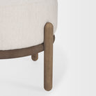 Gwynn Oatmeal Fabric with Dark Brown Wood Pouf on a white background