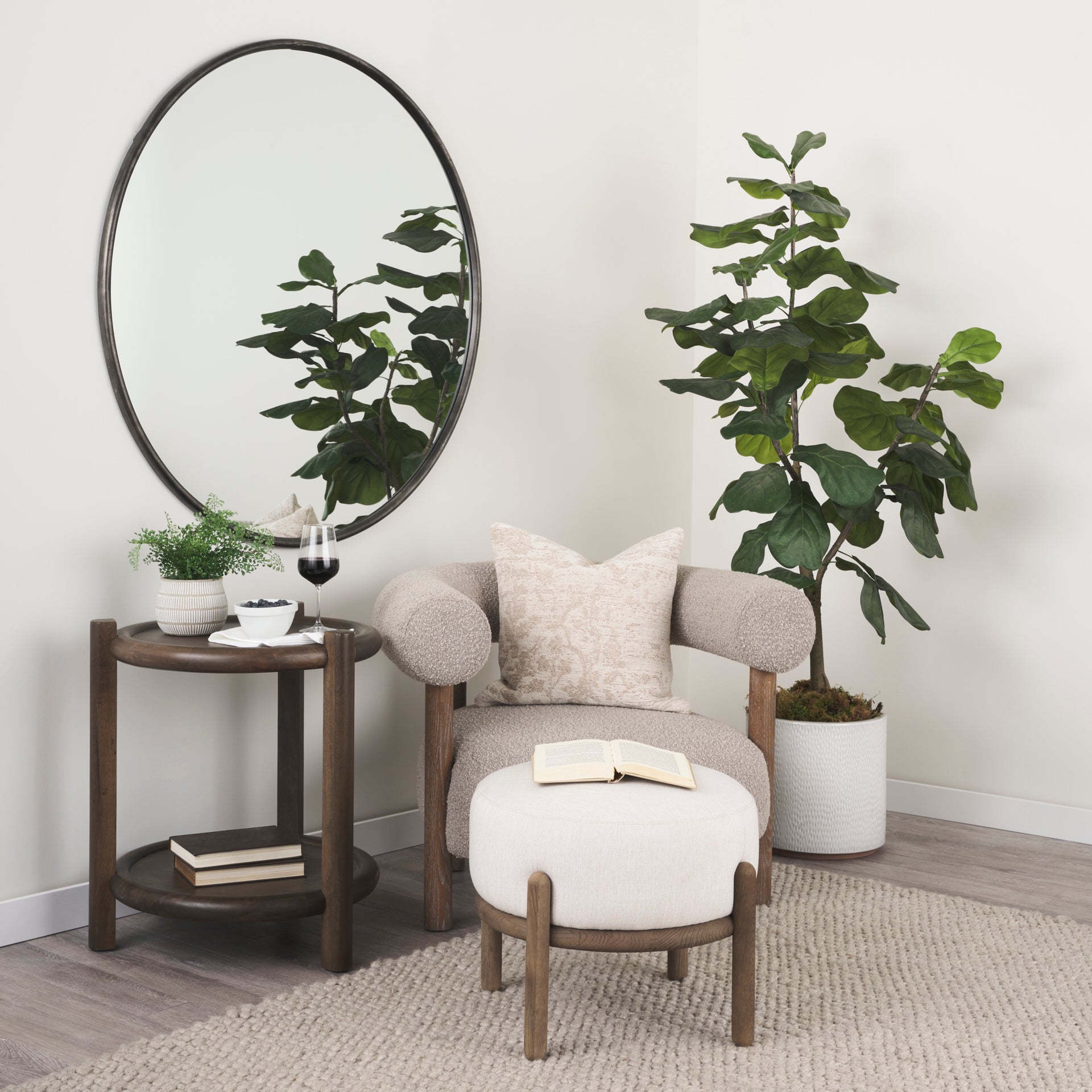 Gwynn Oatmeal Fabric with Dark Brown Wood Pouf in a modern farmhouse living room