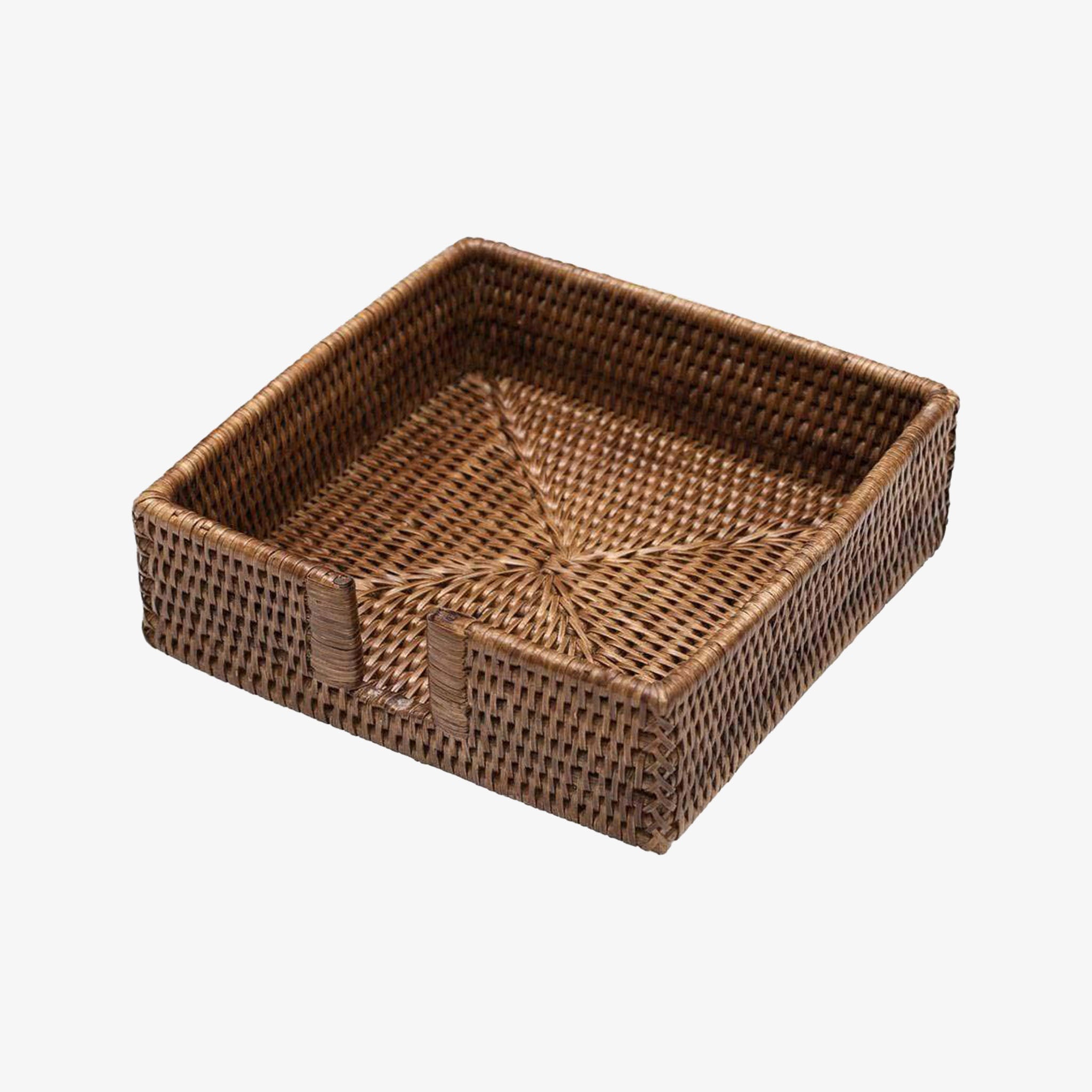 Caspari square rattan luncheon napkin holder on a white background