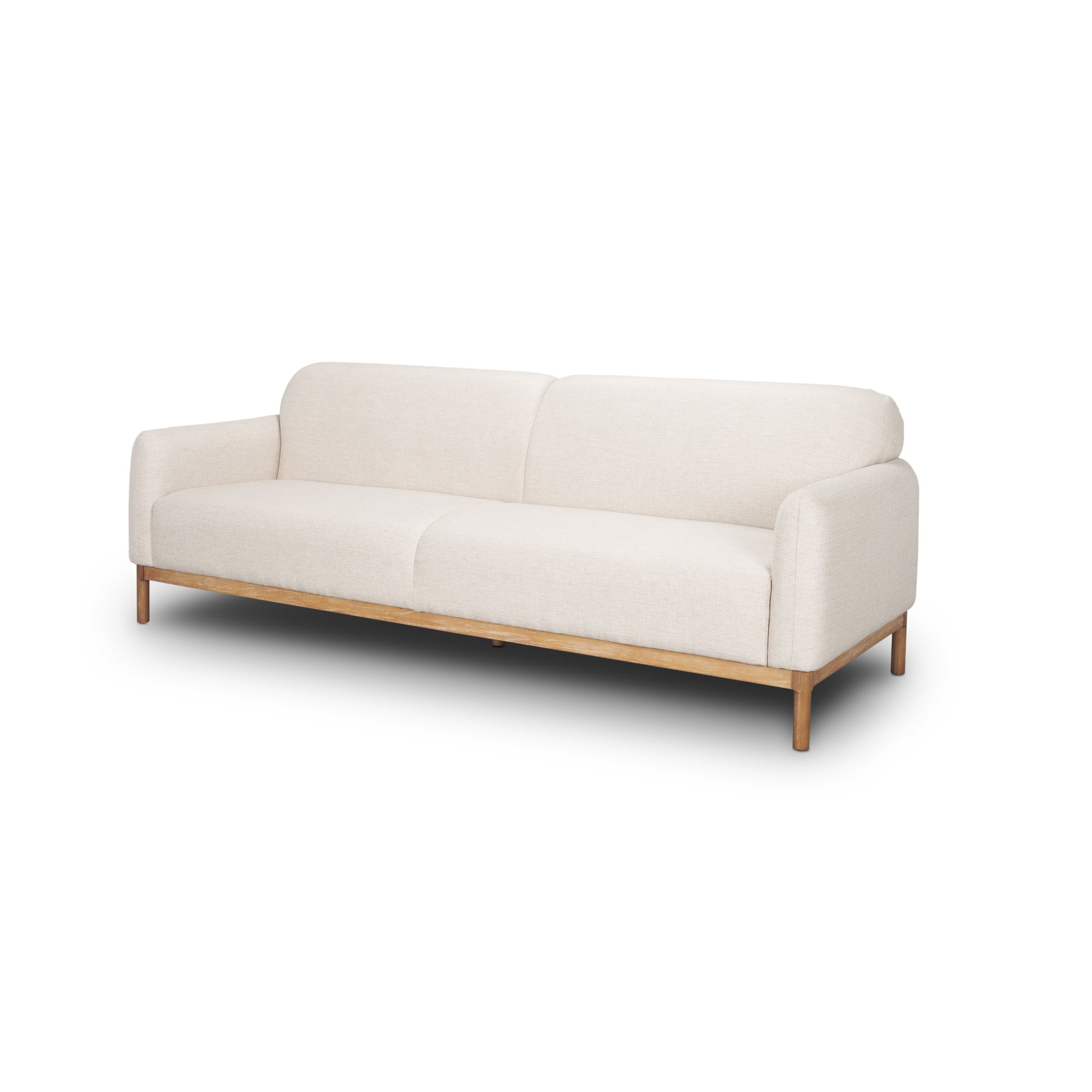 Hale Sofa W/ Medium Brown Wood and Oatmeal Fabric on a white background