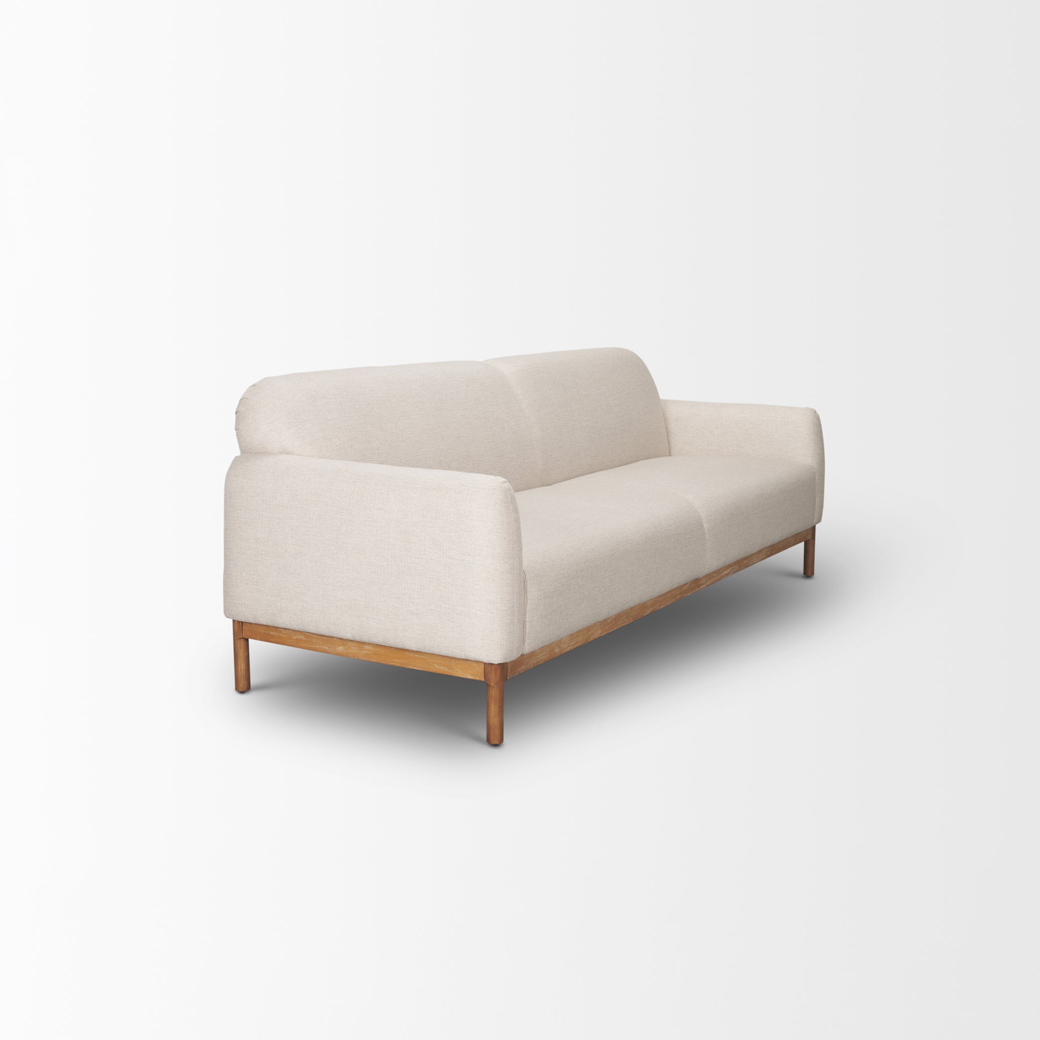 Hale Sofa W/ Medium Brown Wood and Oatmeal Fabric on a white background