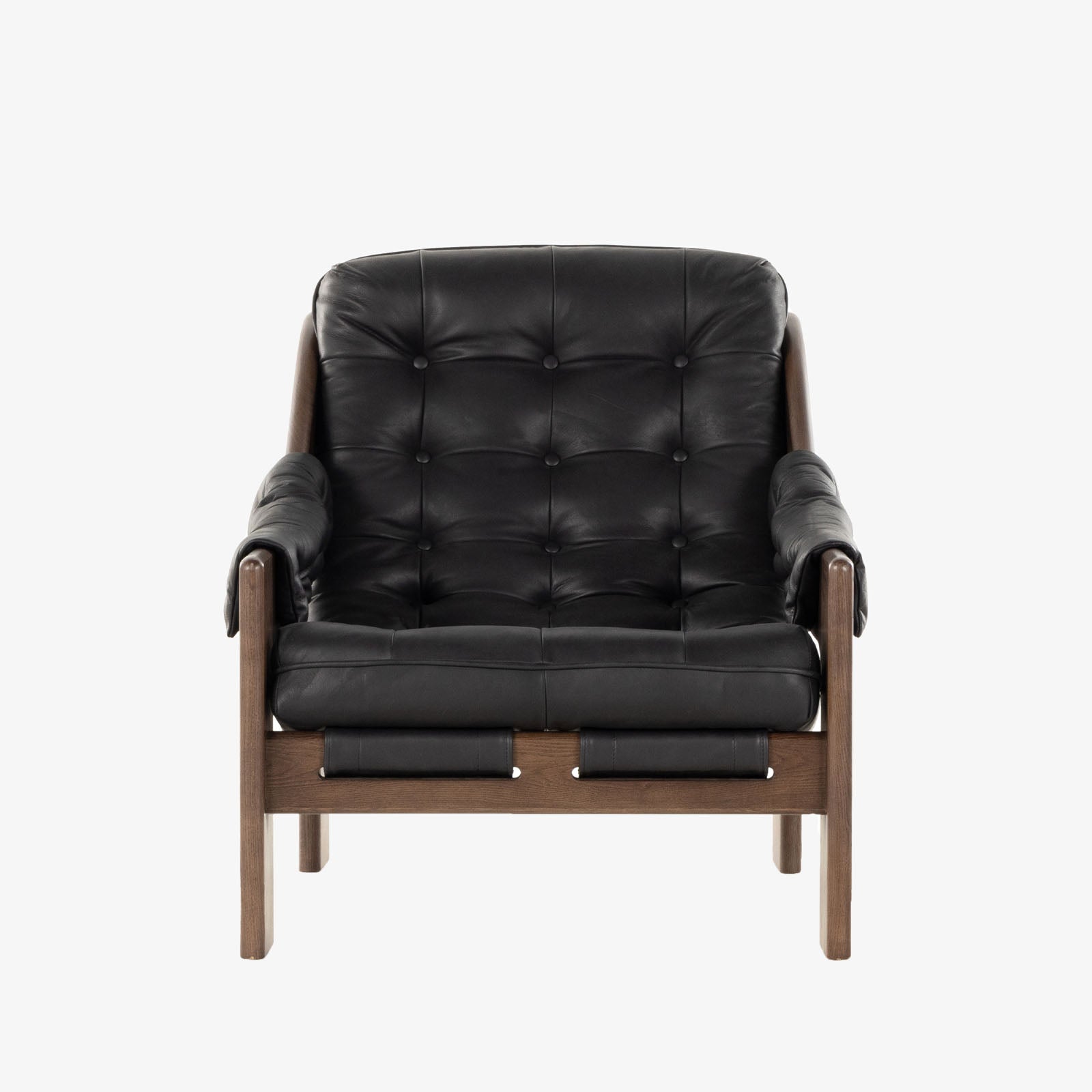 Four Hands Furniture leather sling Halston Chair in Heirloom Black on a white background